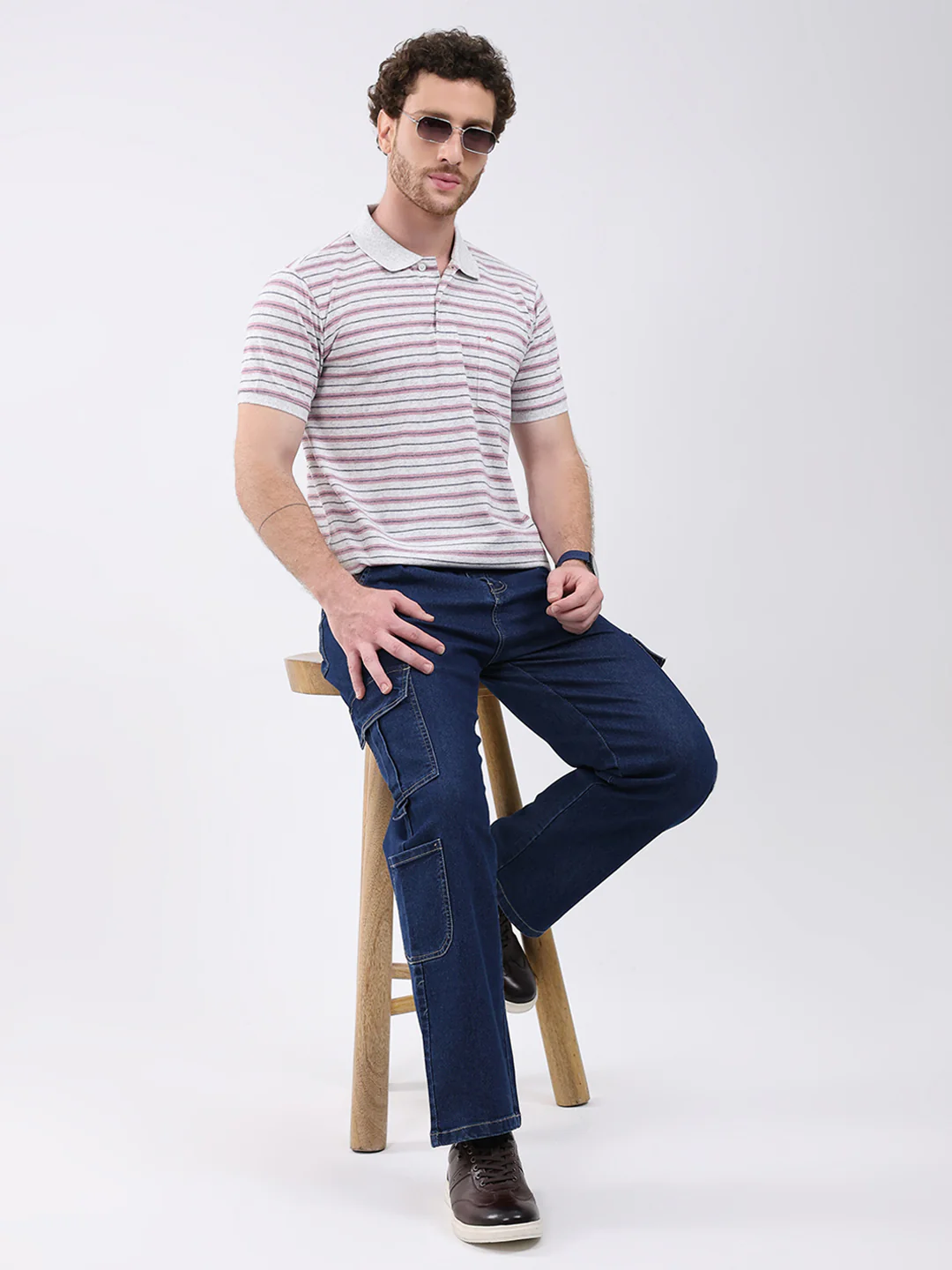Men Grey Stripe Collar Half Sleeve T-Shirt - Image 2