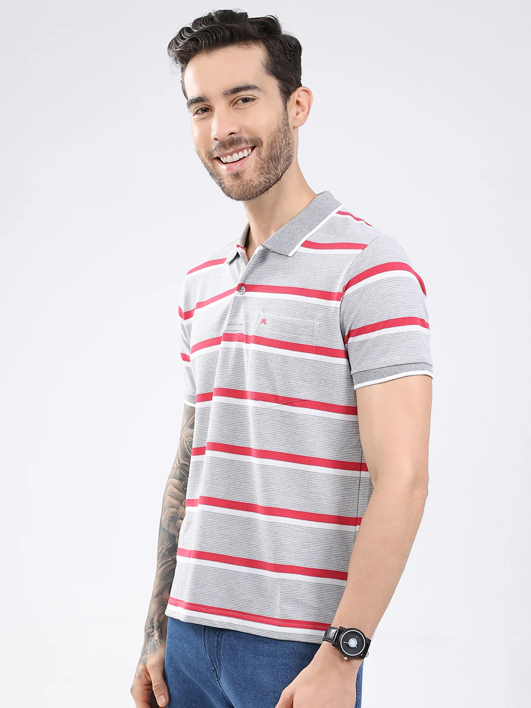 Men Grey Stripe Collar Half Sleeve T-Shirt - Image 3