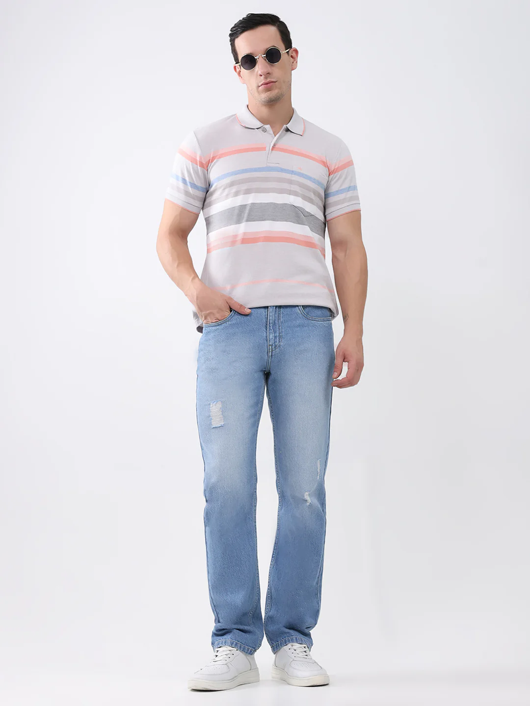 Men Grey Stripe Collar Half Sleeve T-Shirt - Image 2