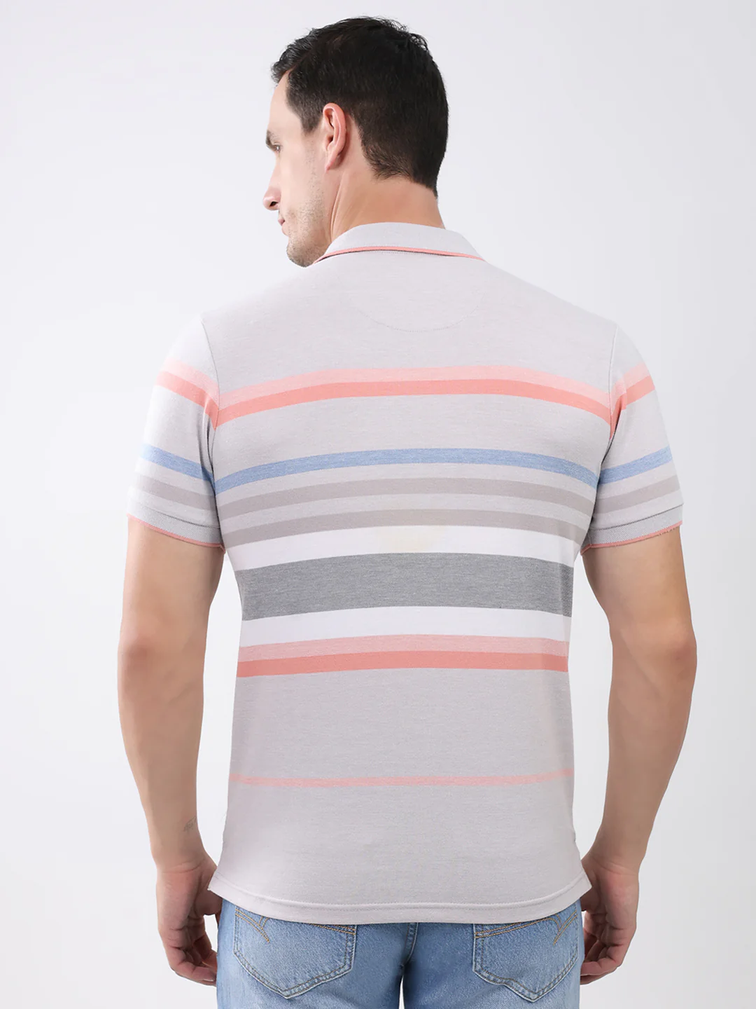 Men Grey Stripe Collar Half Sleeve T-Shirt - Image 5