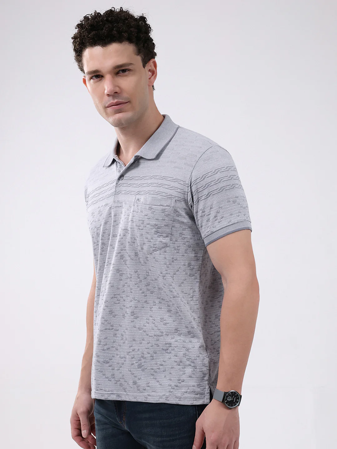 Men Grey Stripe Collar Half Sleeve T-Shirt - Image 3