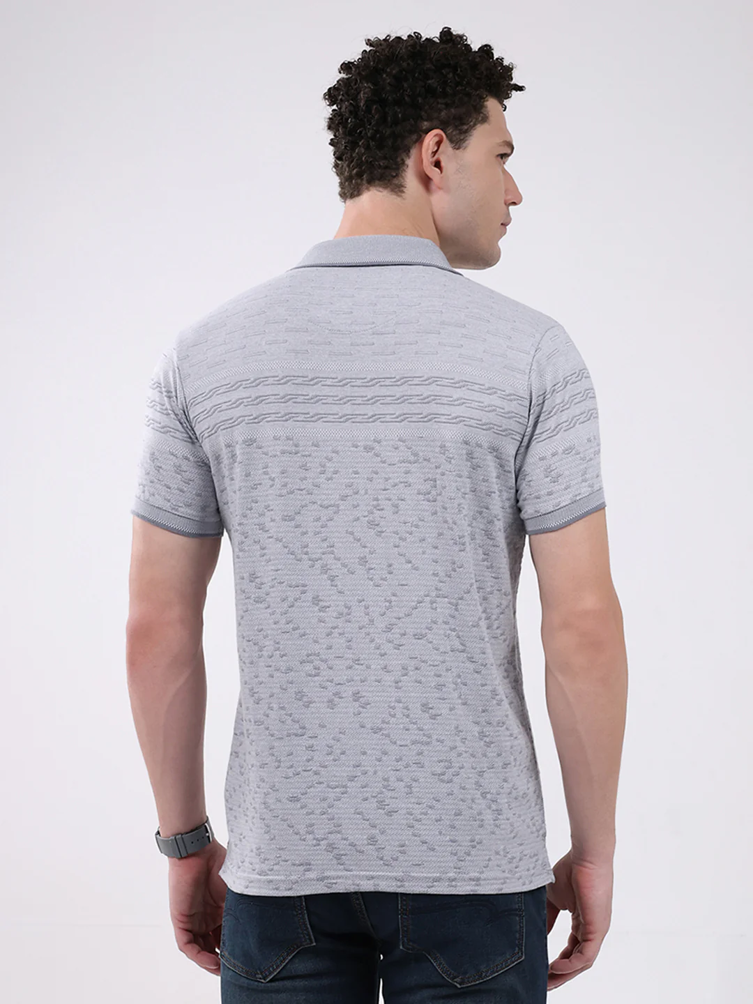 Men Grey Stripe Collar Half Sleeve T-Shirt - Image 5
