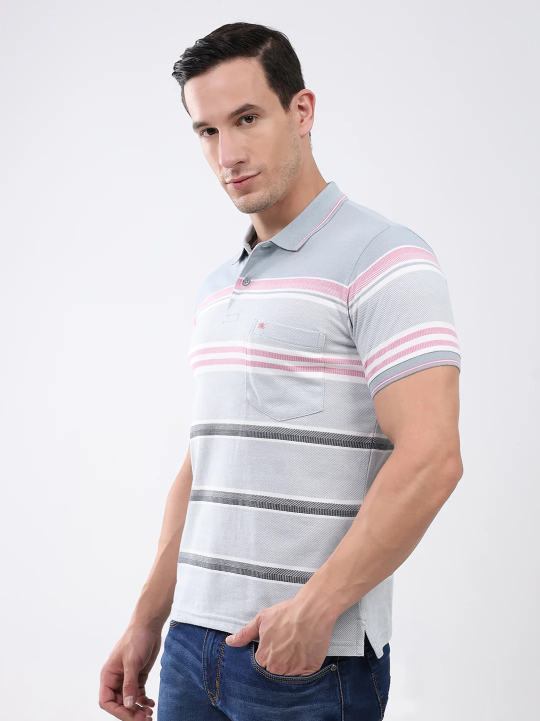 Men Grey Stripe Collar Half Sleeve T-Shirt - Image 3