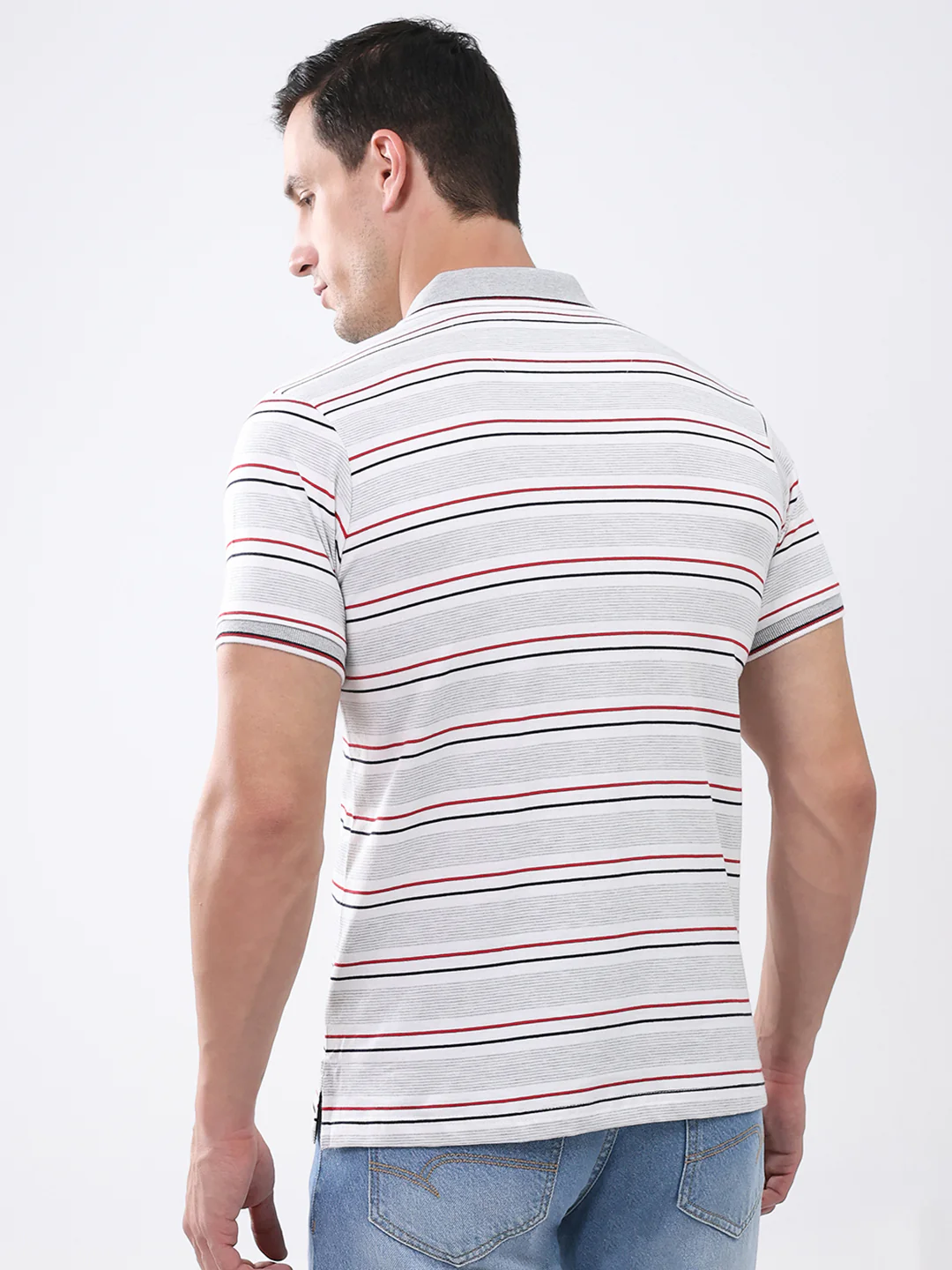 Men Grey Stripe Collar Half Sleeve T-Shirt - Image 5