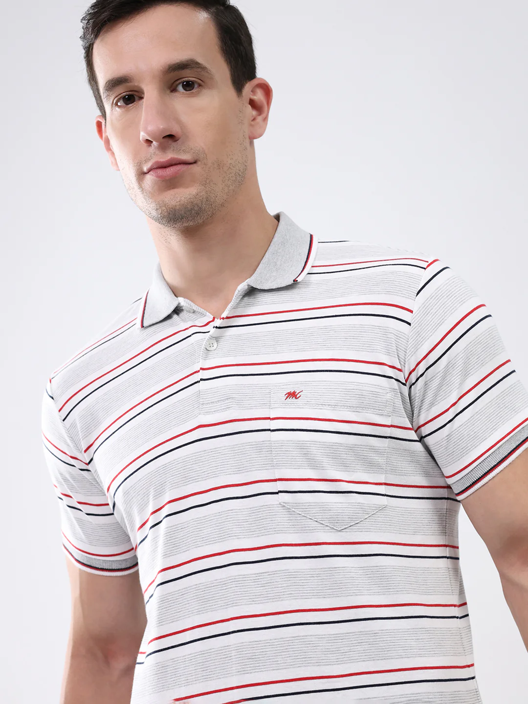 Men Grey Stripe Collar Half Sleeve T-Shirt - Image 6