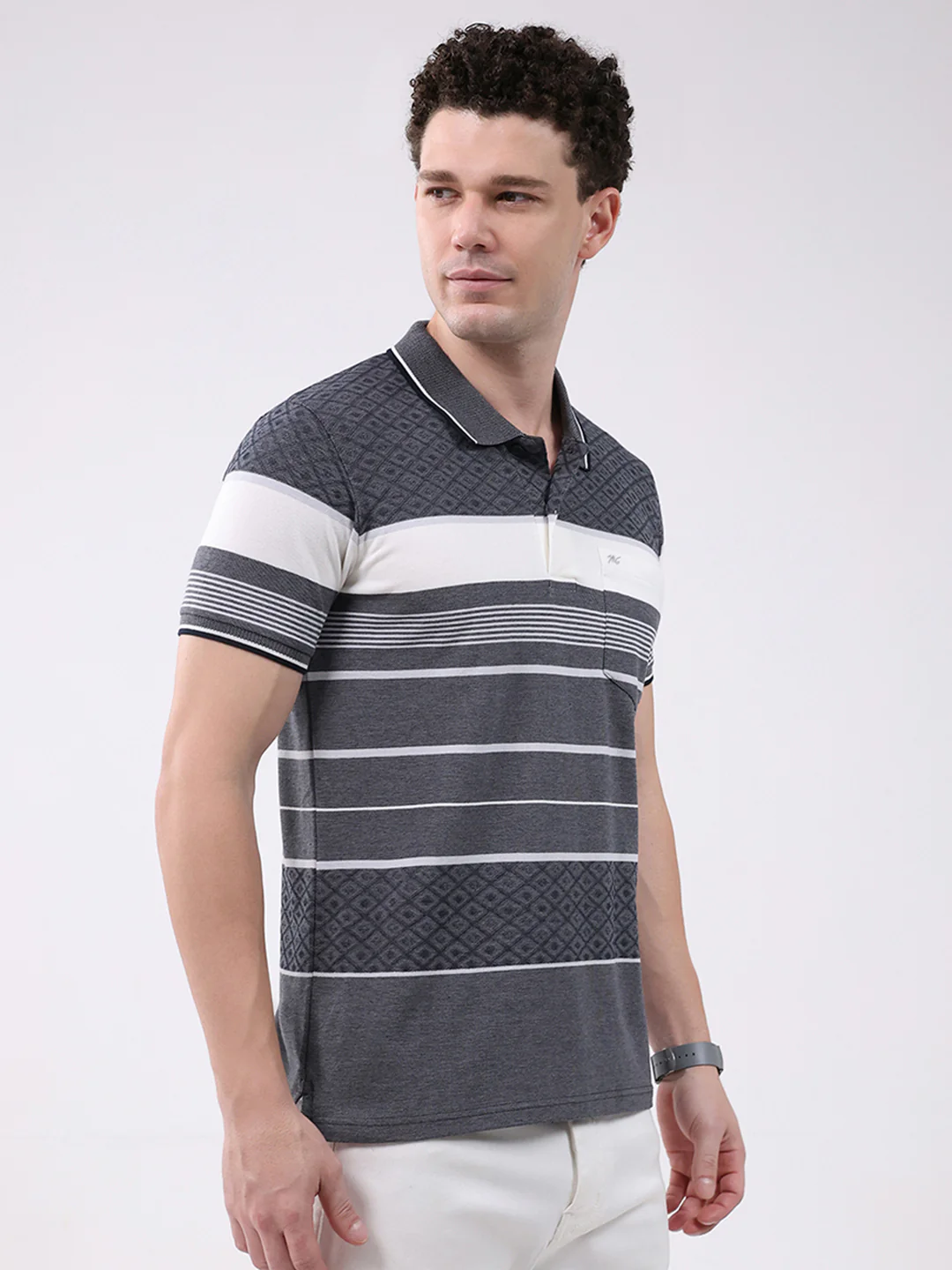 Men Grey Stripe Collar Half Sleeve T-Shirt - Image 4