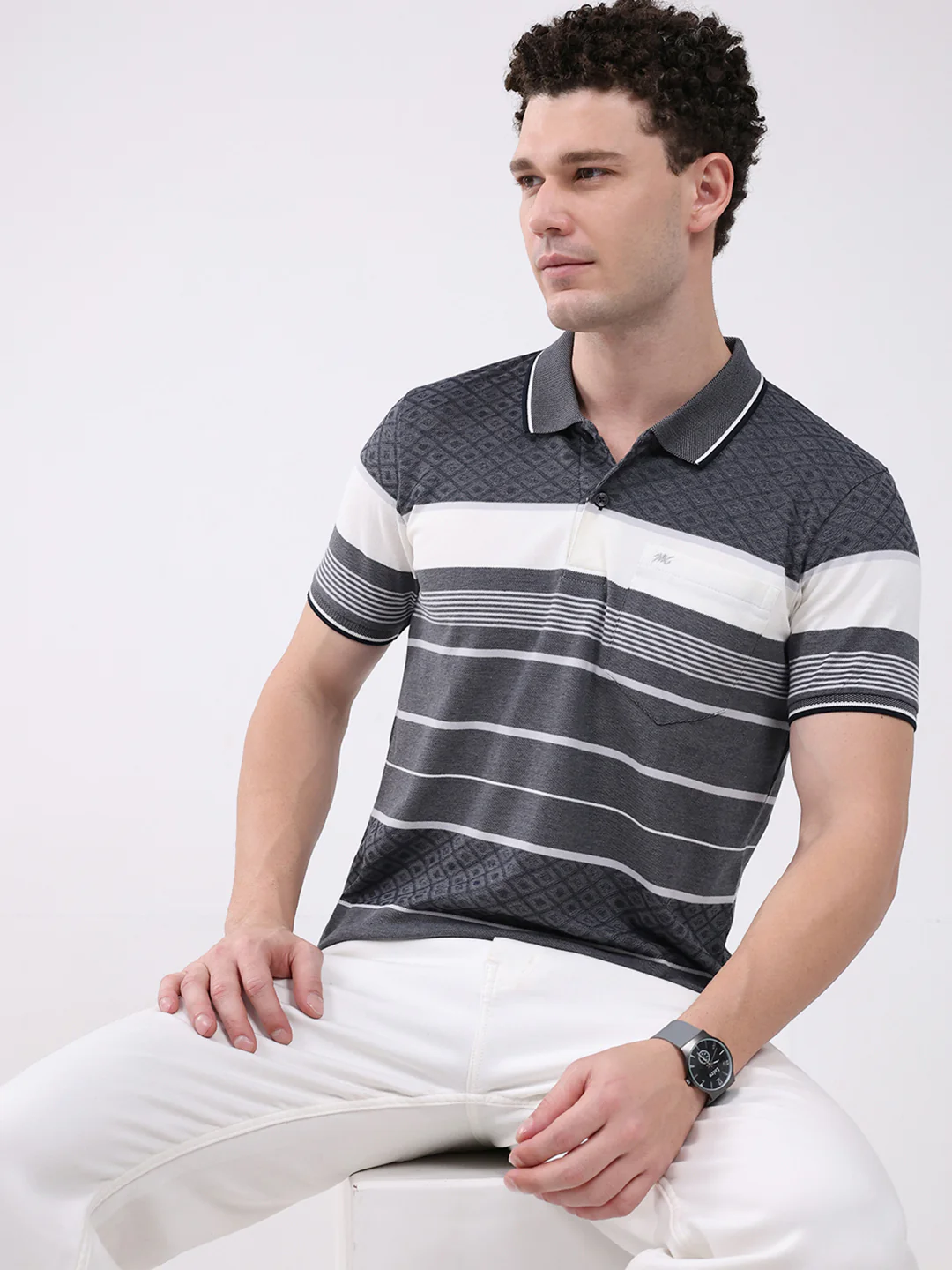 Men Grey Stripe Collar Half Sleeve T-Shirt - Image 6