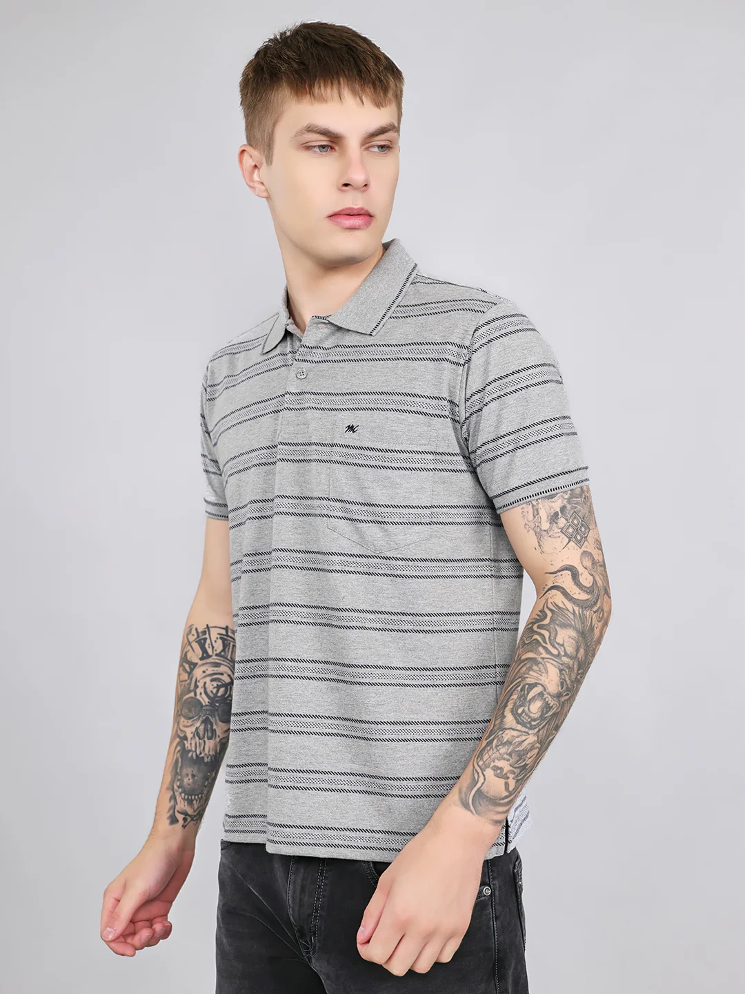 Men Grey Stripe Collar Half Sleeve T-Shirt - Image 2