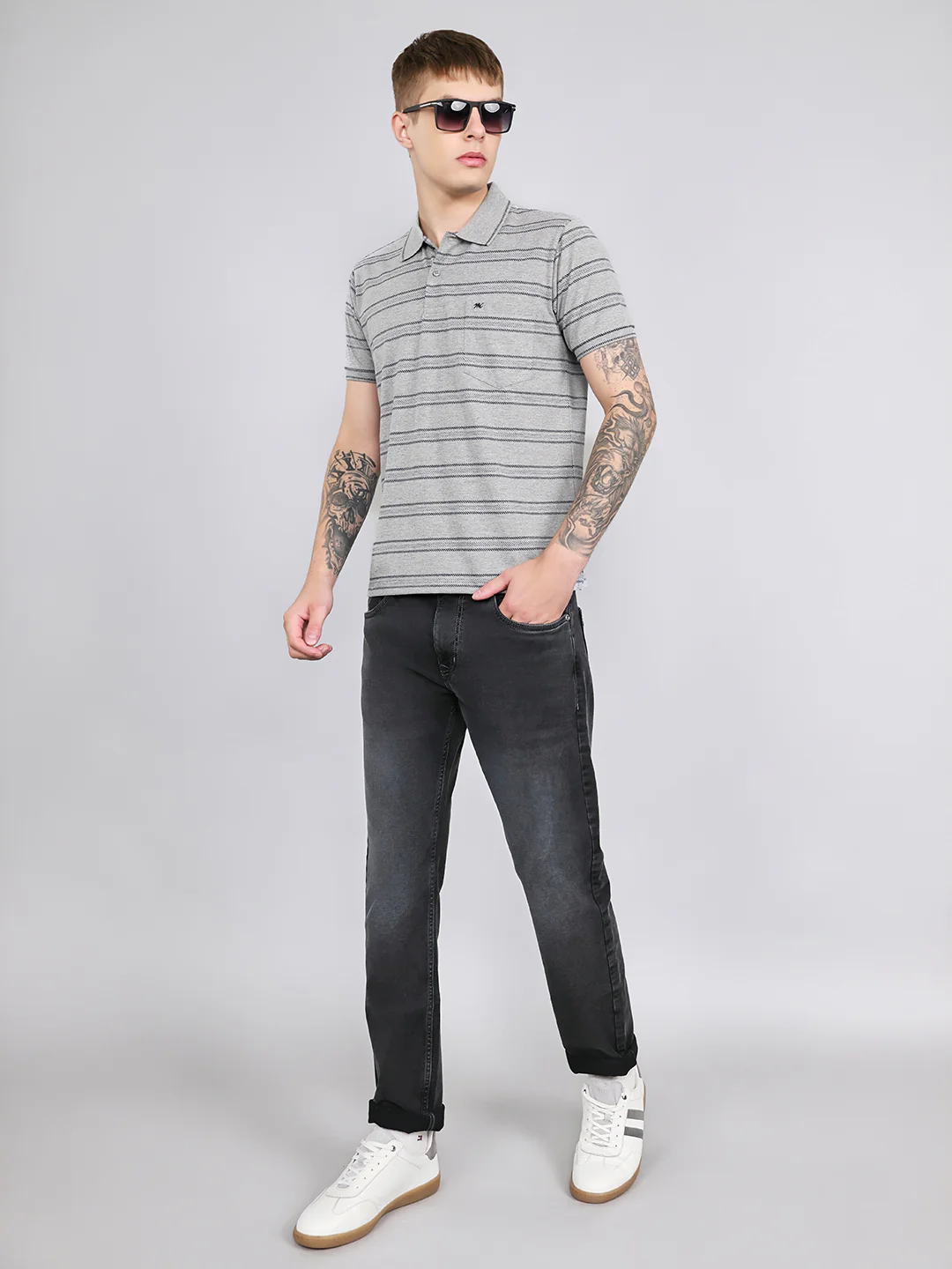 Men Grey Stripe Collar Half Sleeve T-Shirt - Image 6