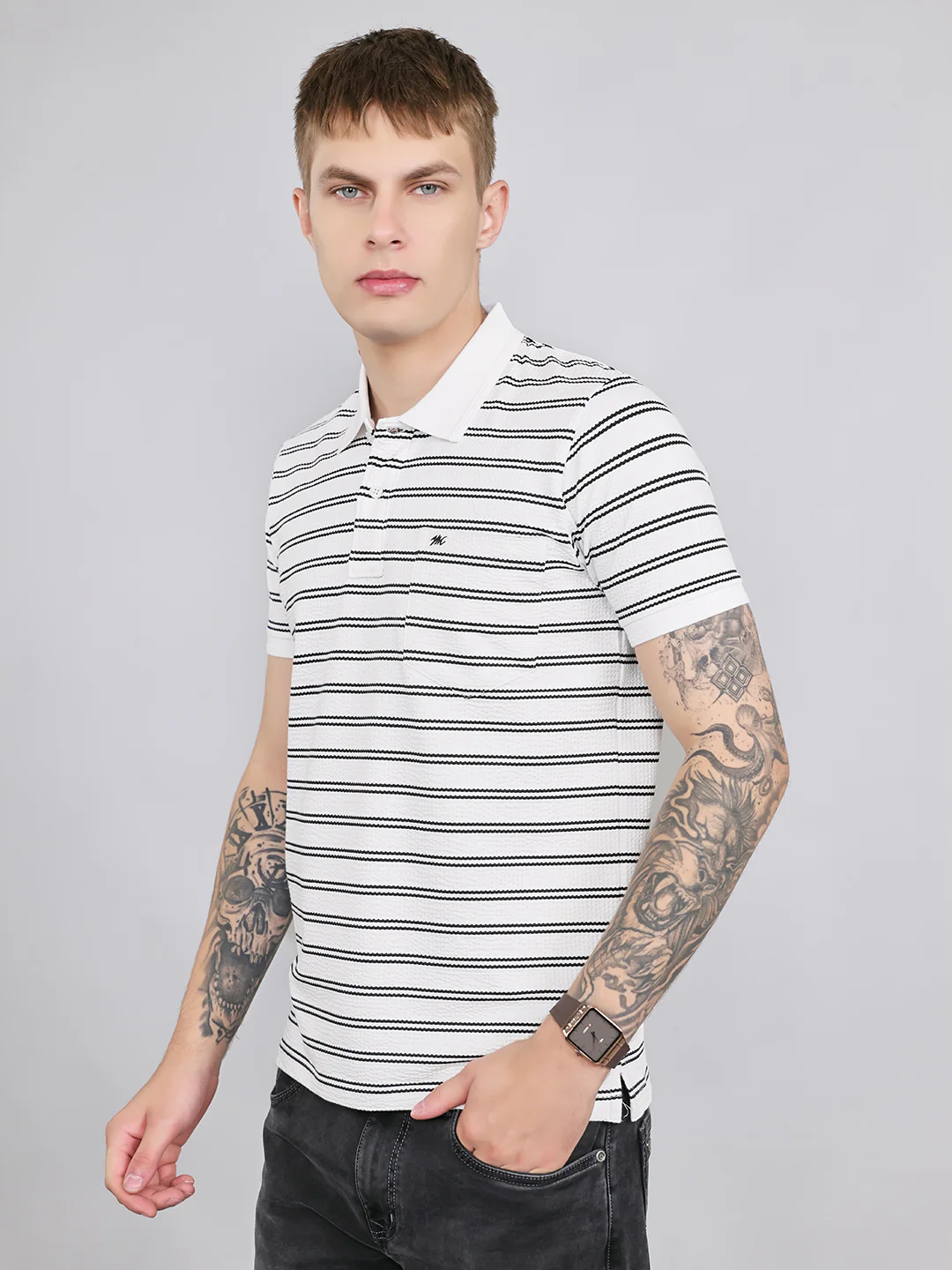 Men Grey Stripe Collar Half Sleeve T-Shirt - Image 2