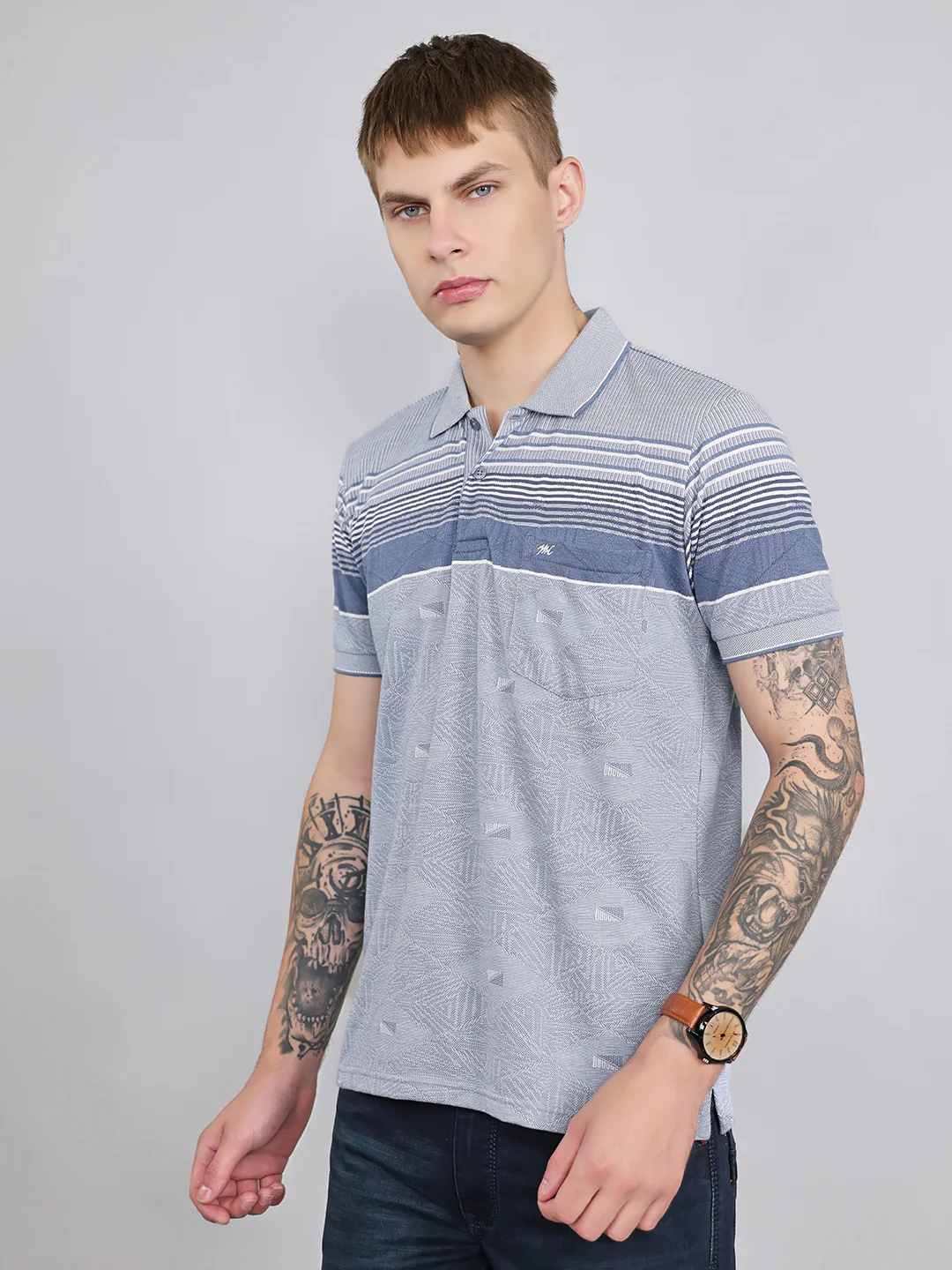 Men Grey Stripe Collar Half Sleeve T-Shirt - Image 2