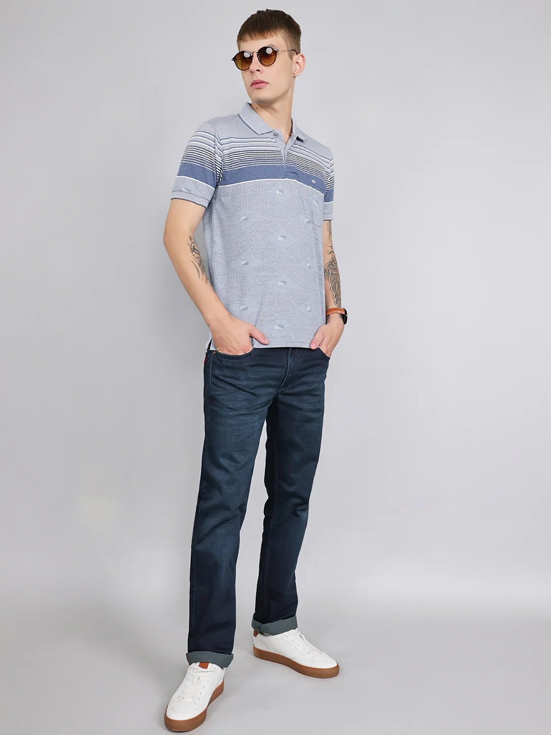 Men Grey Stripe Collar Half Sleeve T-Shirt - Image 6