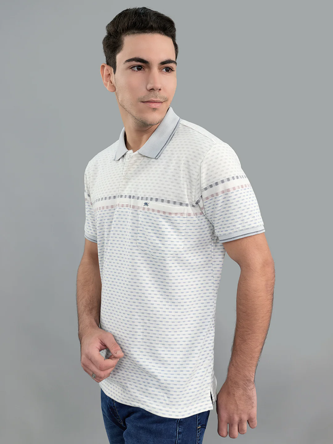 Men Grey Stripe Collar Half Sleeve T-Shirt - Image 3