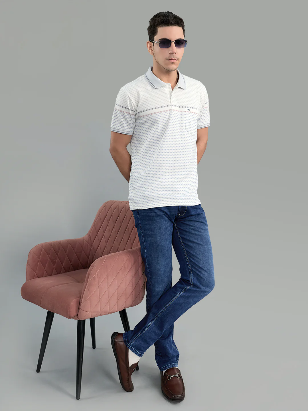 Men Grey Stripe Collar Half Sleeve T-Shirt - Image 6