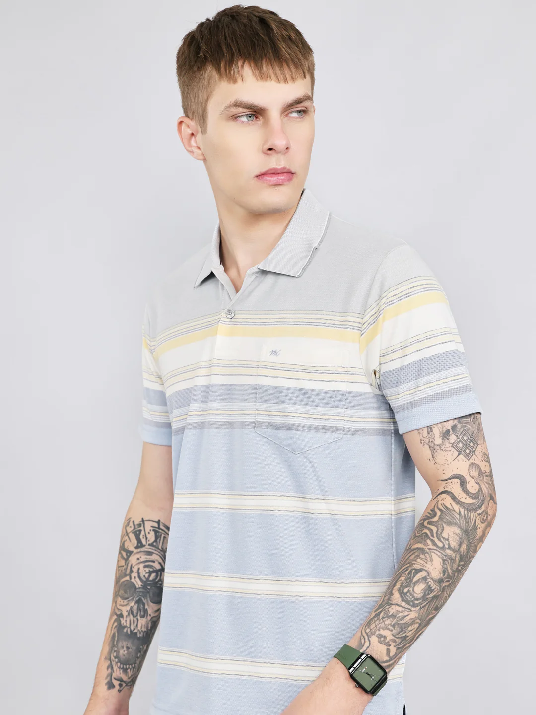 Men Grey Stripe Collar Half Sleeve T-Shirt - Image 2