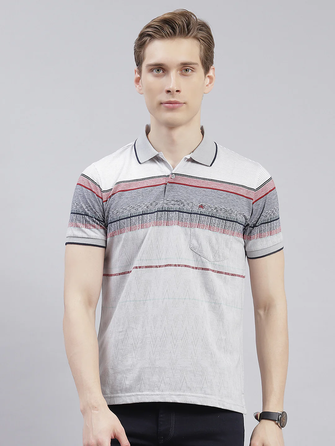 Men Grey Stripe Collar Half Sleeve T-Shirts - Image 2