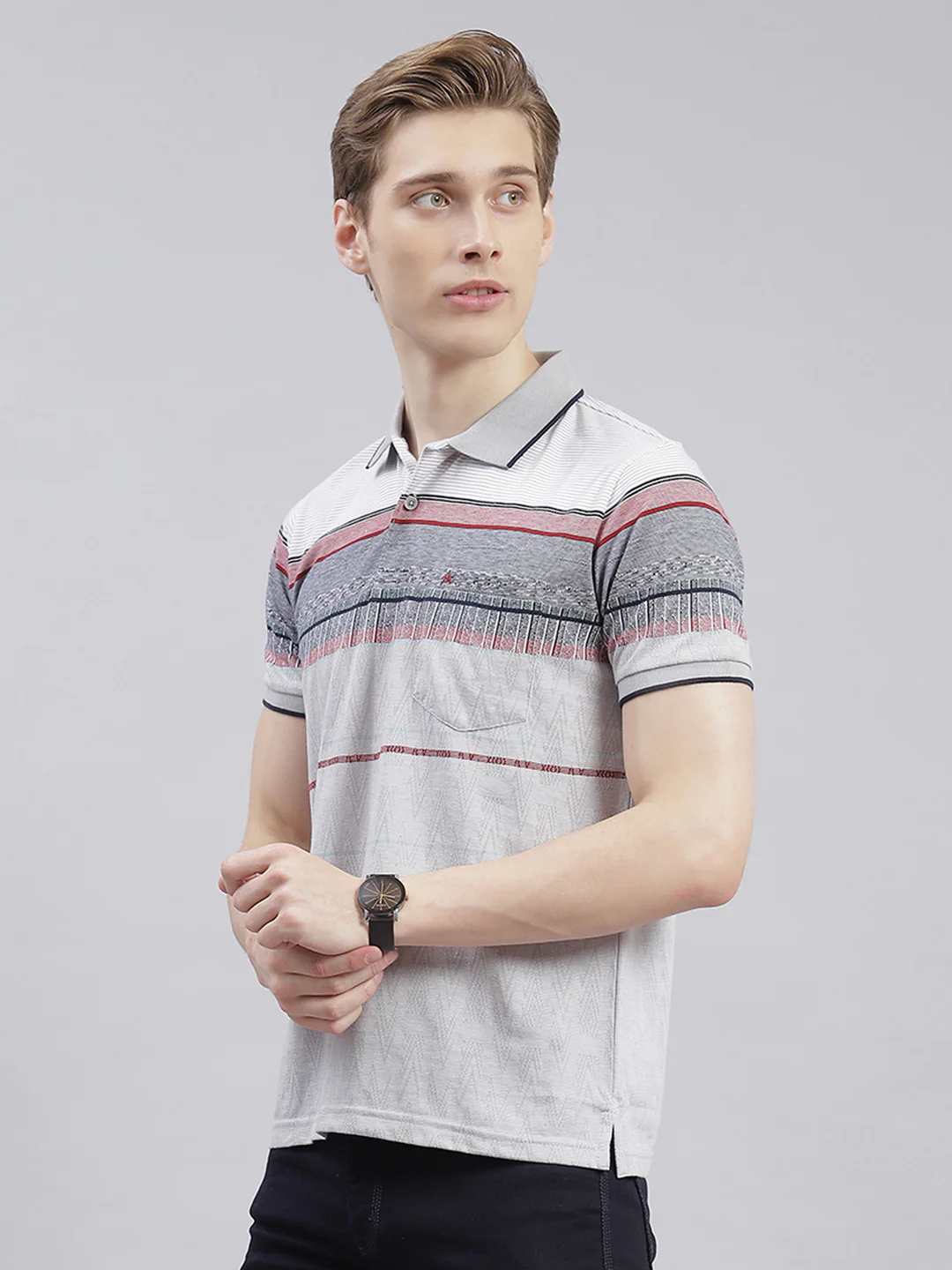 Men Grey Stripe Collar Half Sleeve T-Shirts - Image 3