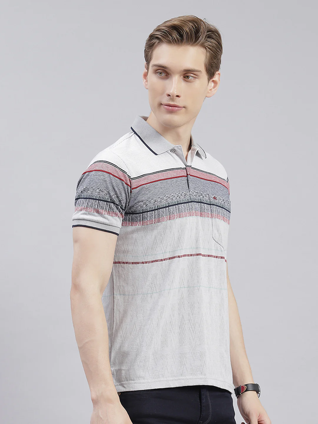 Men Grey Stripe Collar Half Sleeve T-Shirts - Image 4