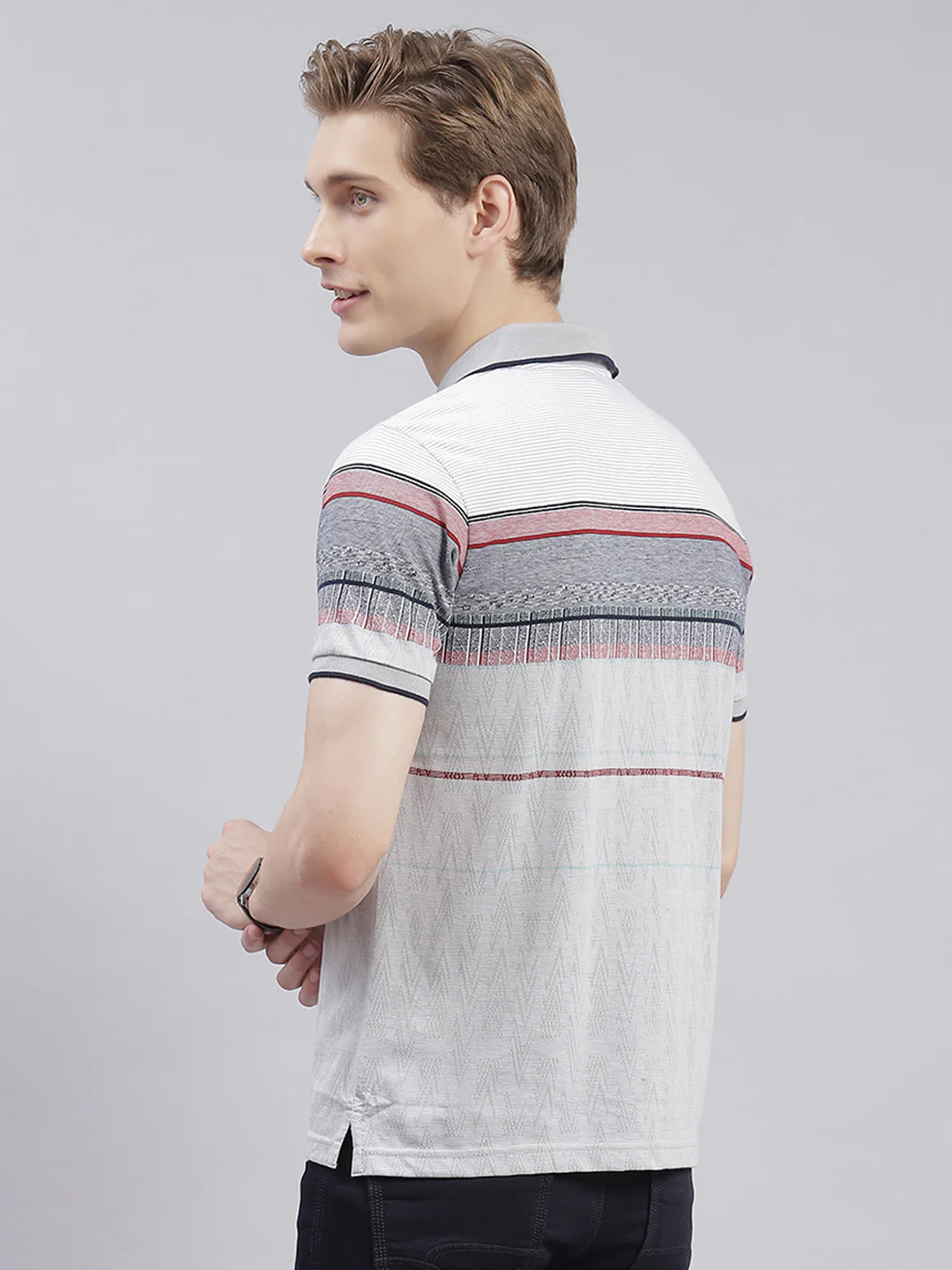 Men Grey Stripe Collar Half Sleeve T-Shirts - Image 5