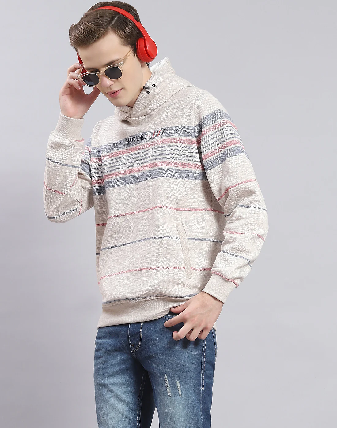 Men Grey Stripe Hooded Full Sleeve Sweatshirt - Image 6