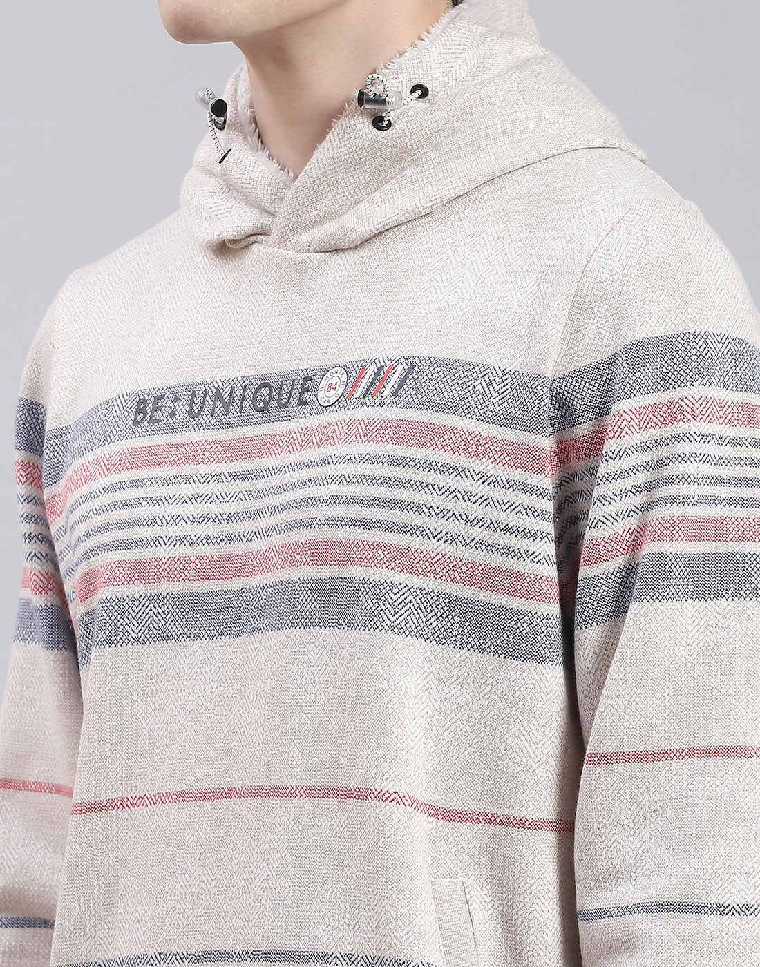 Men Grey Stripe Hooded Full Sleeve Sweatshirt - Image 7