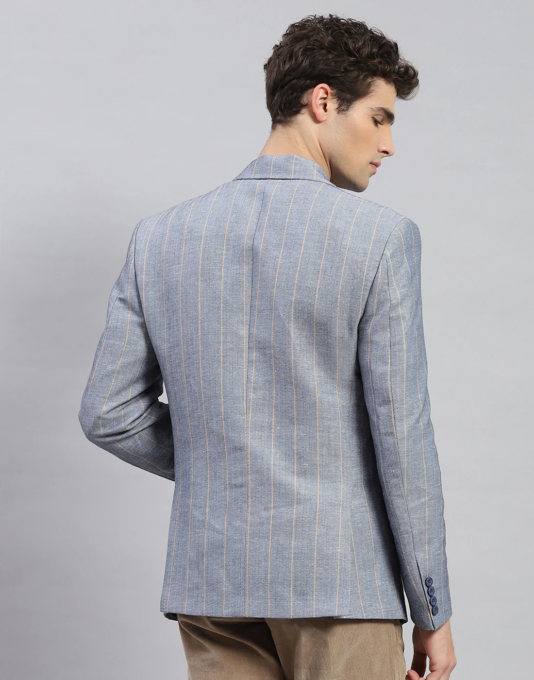 Men Grey Stripe Notch Lapel Collar Full Sleeve Blazer - Image 5