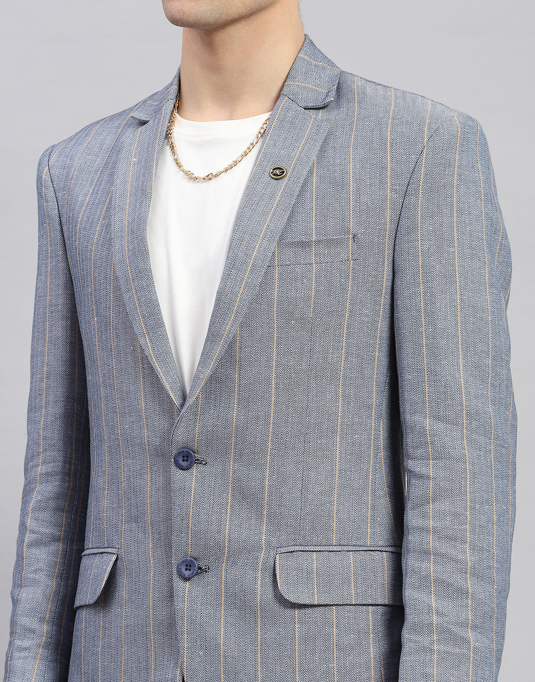 Men Grey Stripe Notch Lapel Collar Full Sleeve Blazer - Image 6