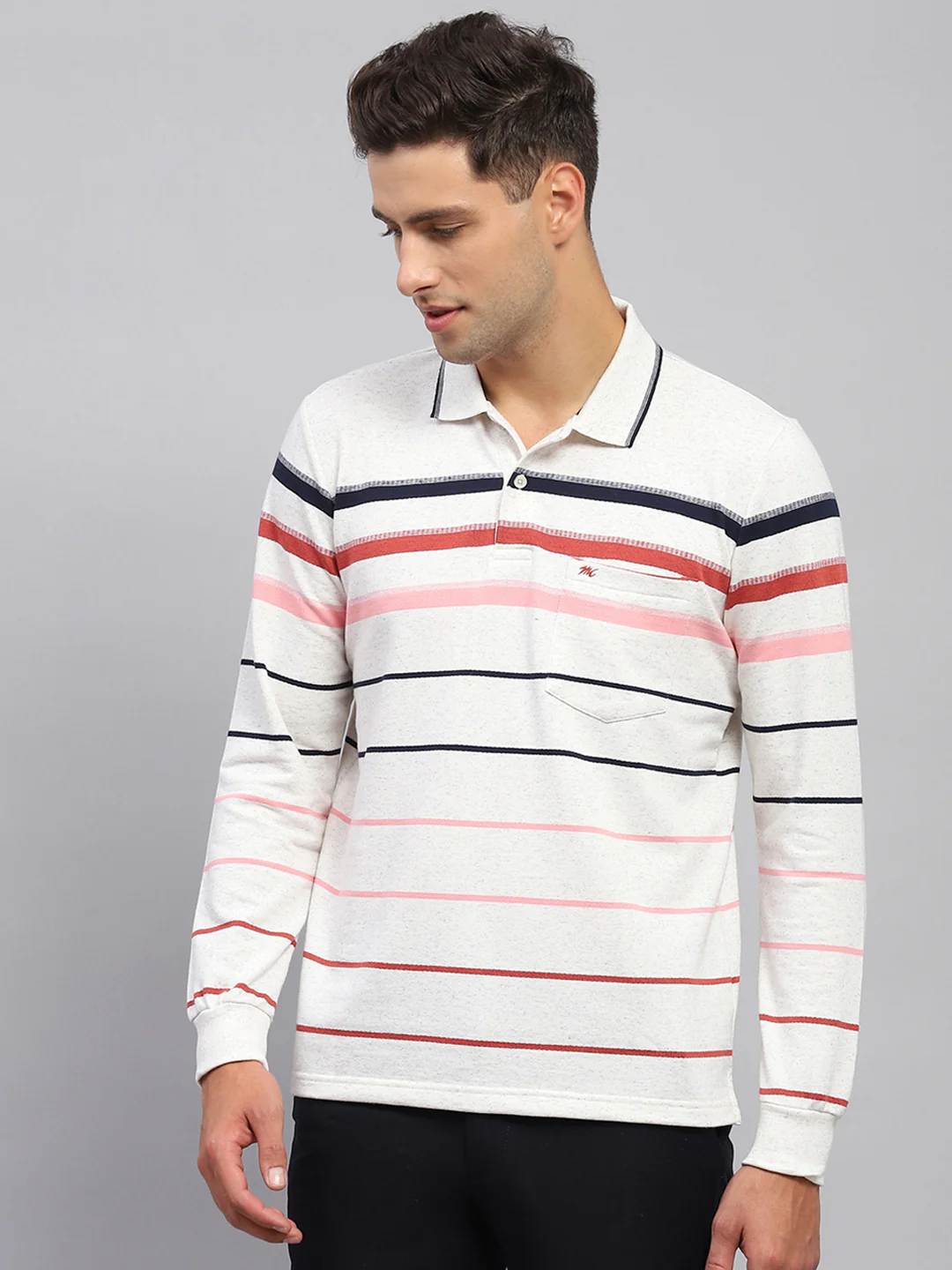 Men Grey Stripe Polo Collar Full Sleeve T-Shirt - Image 2