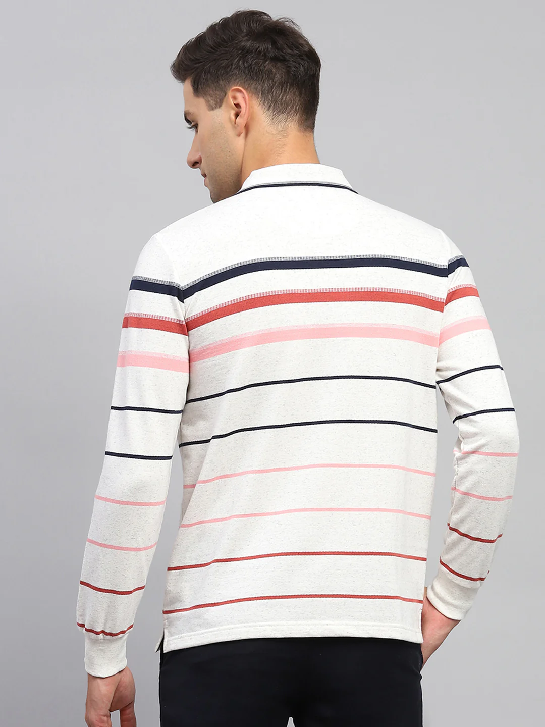 Men Grey Stripe Polo Collar Full Sleeve T-Shirt - Image 5