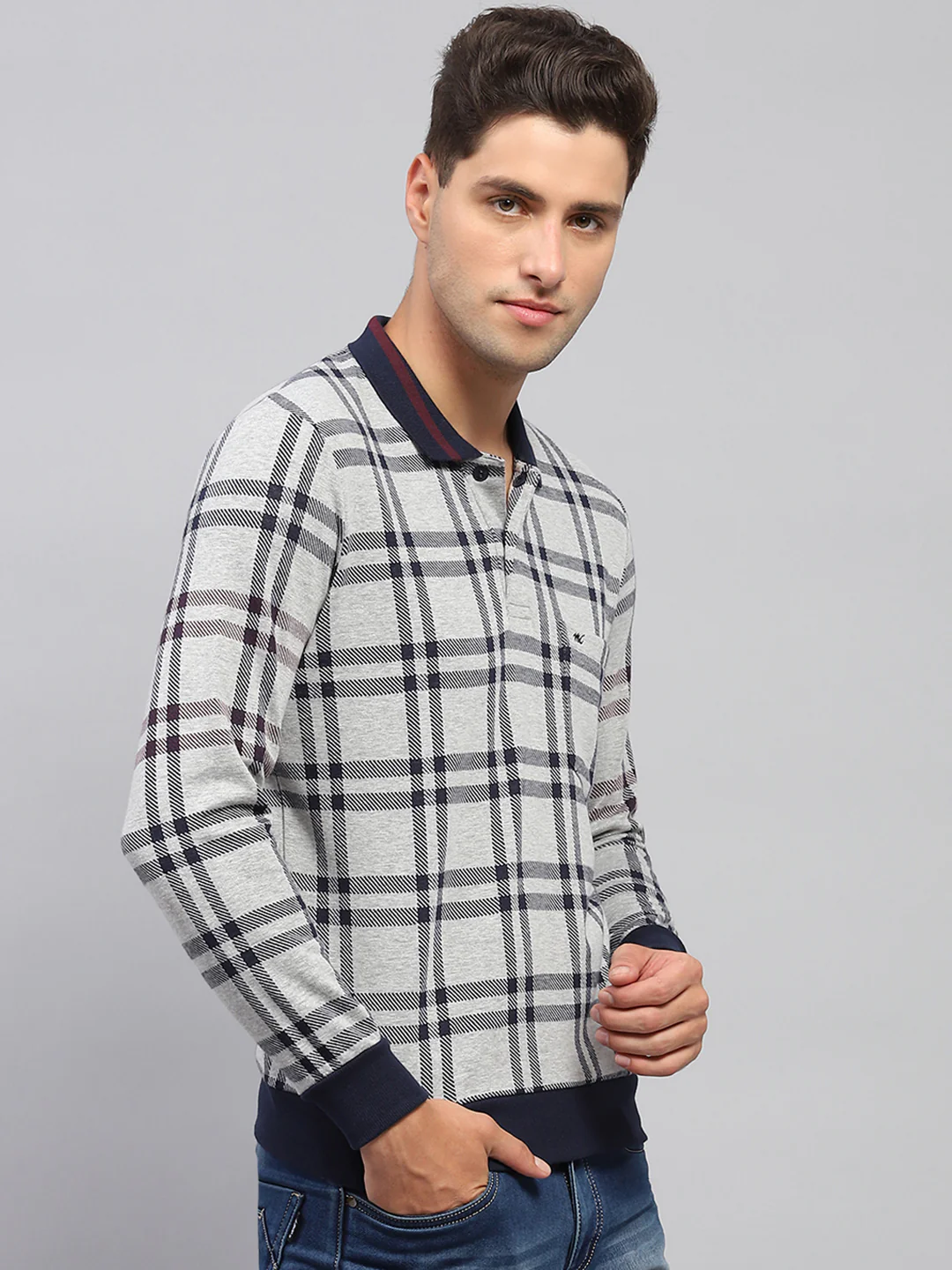 Men Grey Stripe Polo Collar Full Sleeve T-Shirt - Image 4