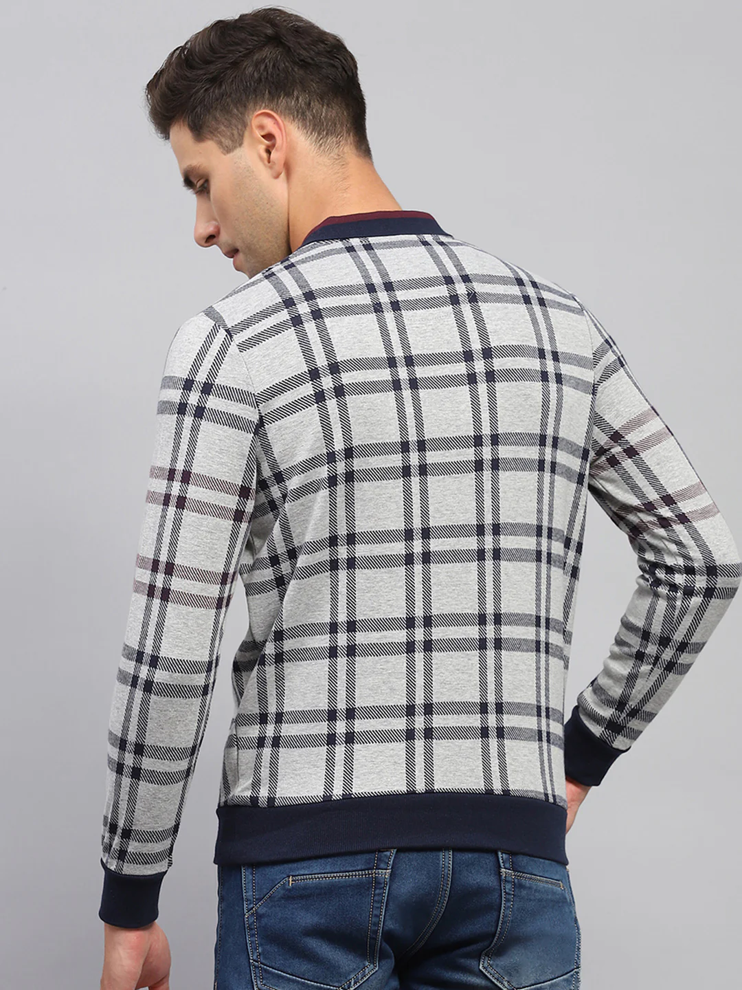 Men Grey Stripe Polo Collar Full Sleeve T-Shirt - Image 5
