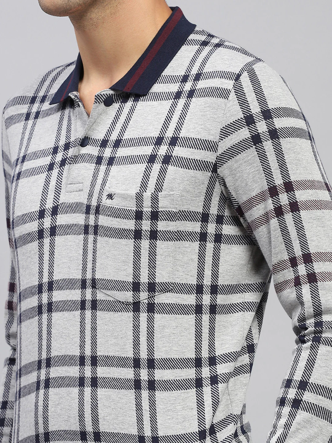 Men Grey Stripe Polo Collar Full Sleeve T-Shirt - Image 6