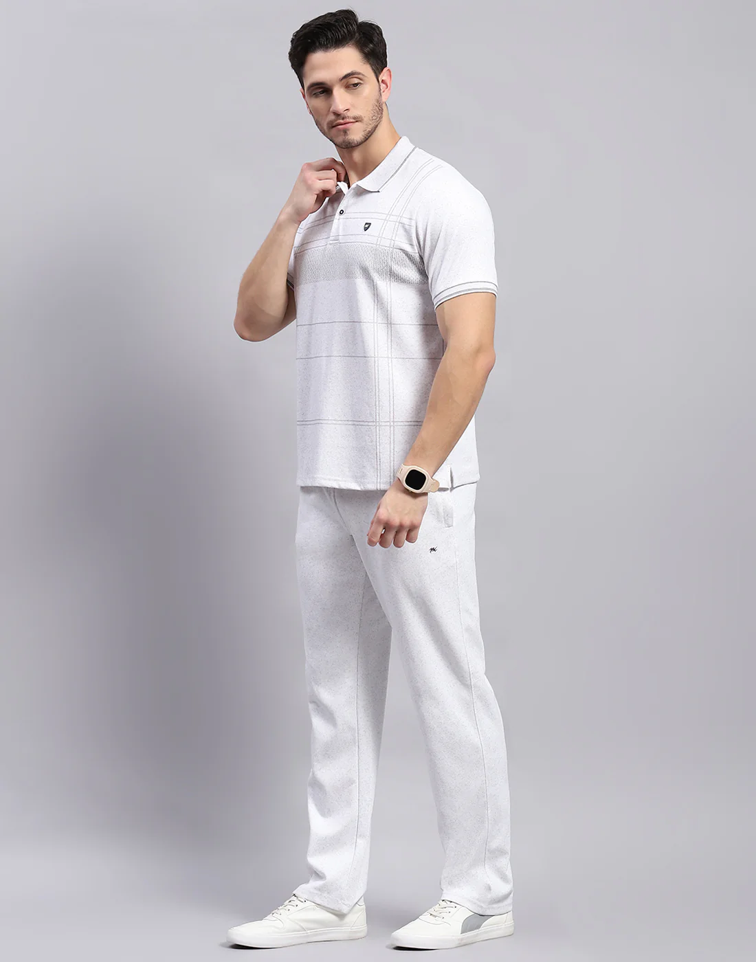 Men Grey Stripe Polo Collar Half Sleeve Lower Set - Image 4