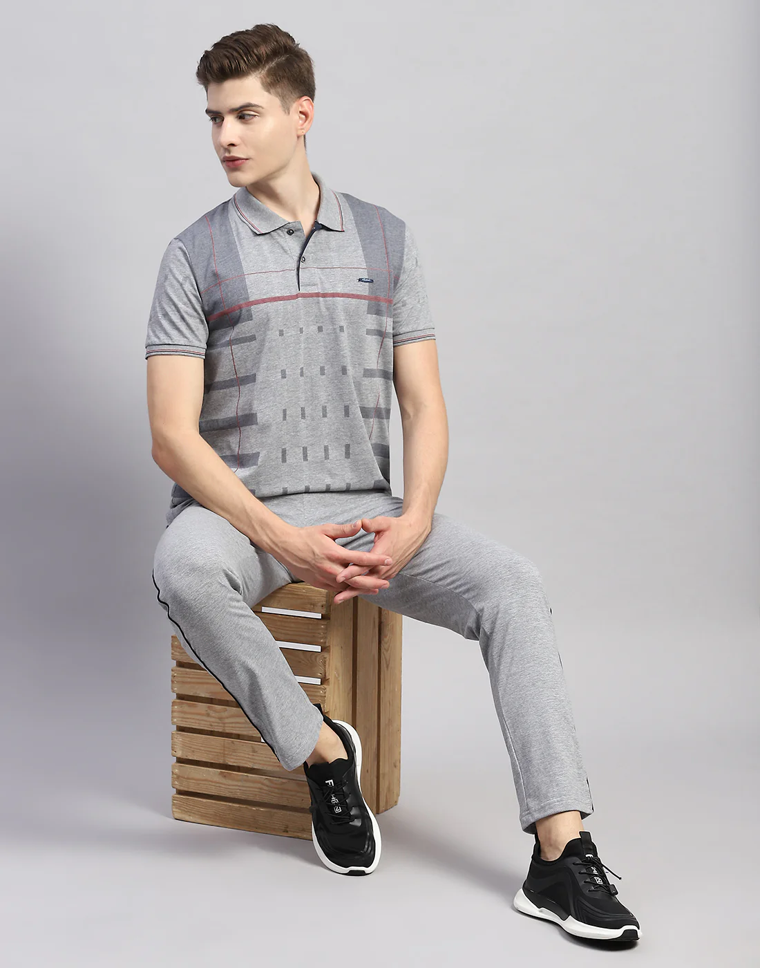 Men Grey Stripe Polo Collar Half Sleeve Lower Set - Image 2