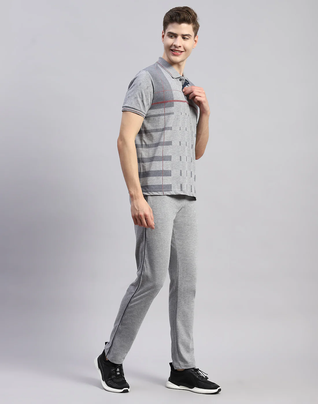 Men Grey Stripe Polo Collar Half Sleeve Lower Set - Image 4