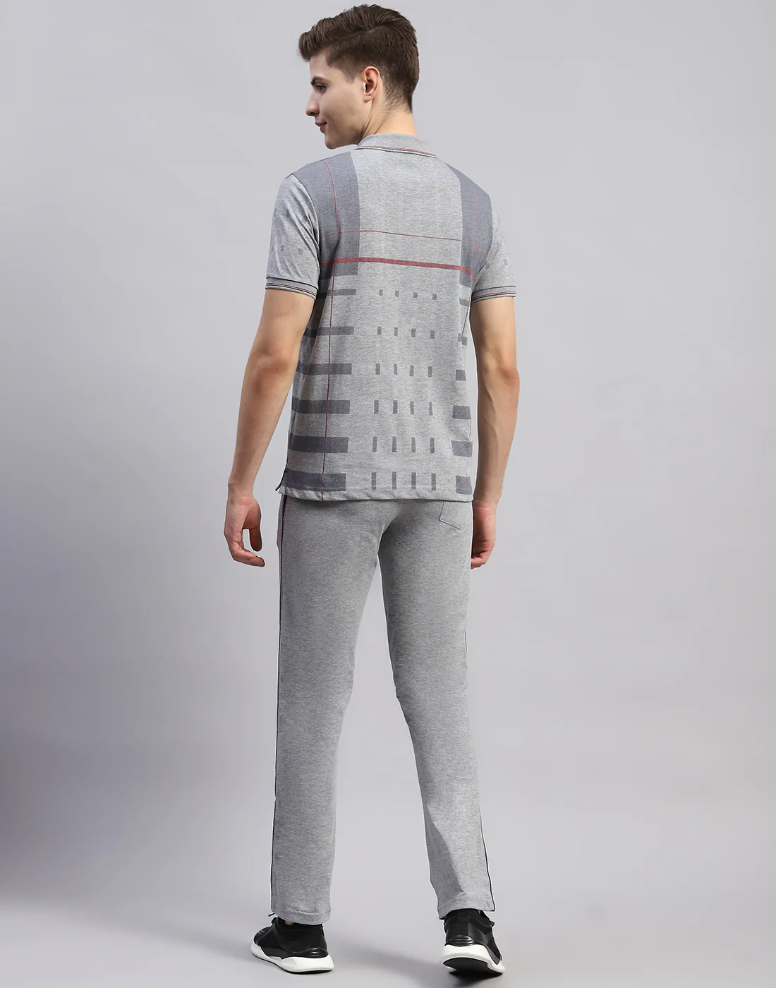 Men Grey Stripe Polo Collar Half Sleeve Lower Set - Image 5
