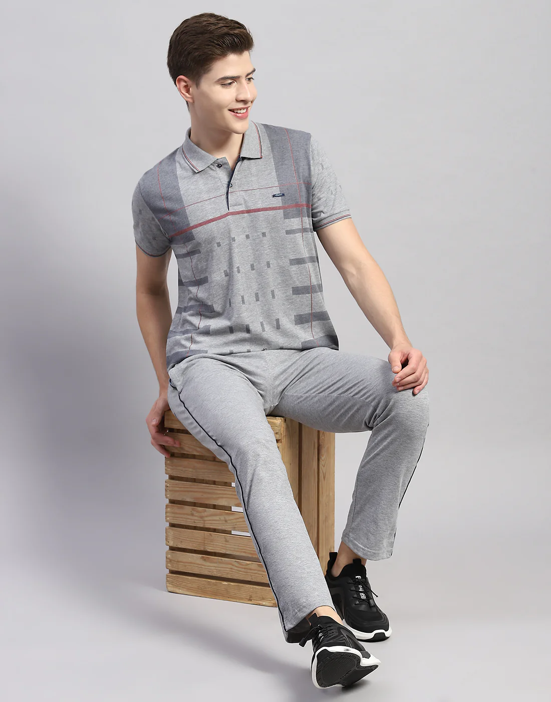 Men Grey Stripe Polo Collar Half Sleeve Lower Set - Image 6