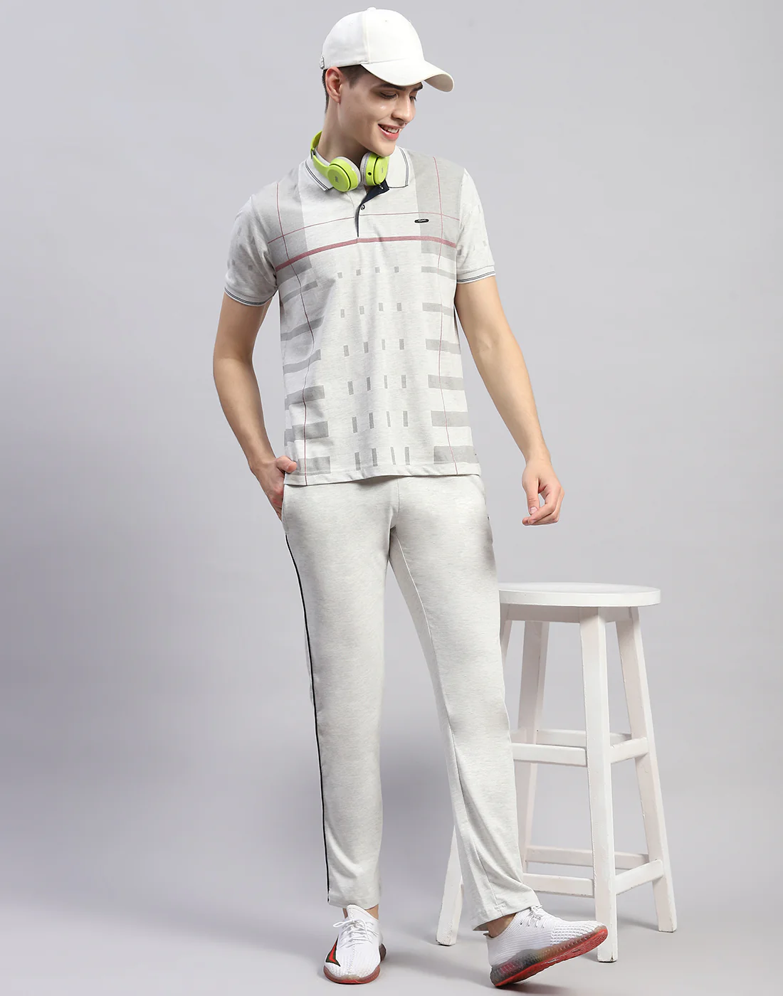 Men Grey Stripe Polo Collar Half Sleeve Lower Set - Image 6
