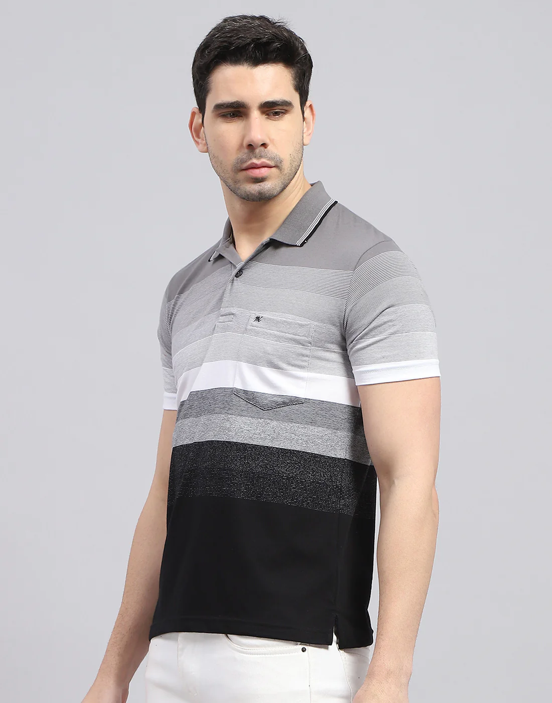 Men Grey Stripe Polo Collar Half Sleeve T-Shirt - Image 3