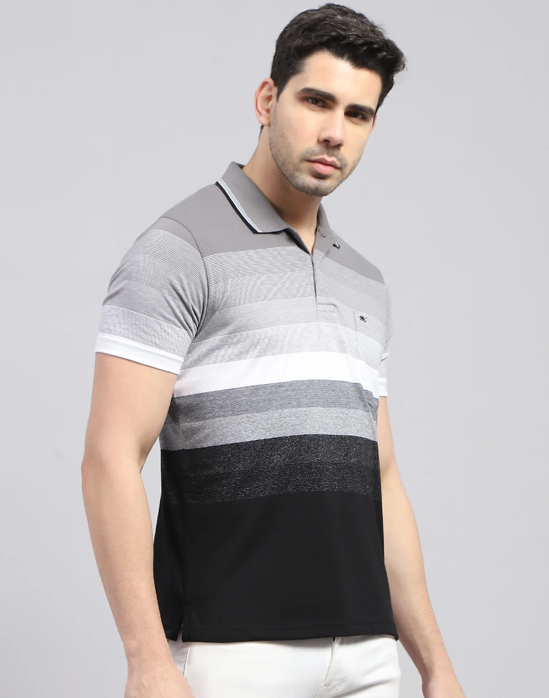 Men Grey Stripe Polo Collar Half Sleeve T-Shirt - Image 4