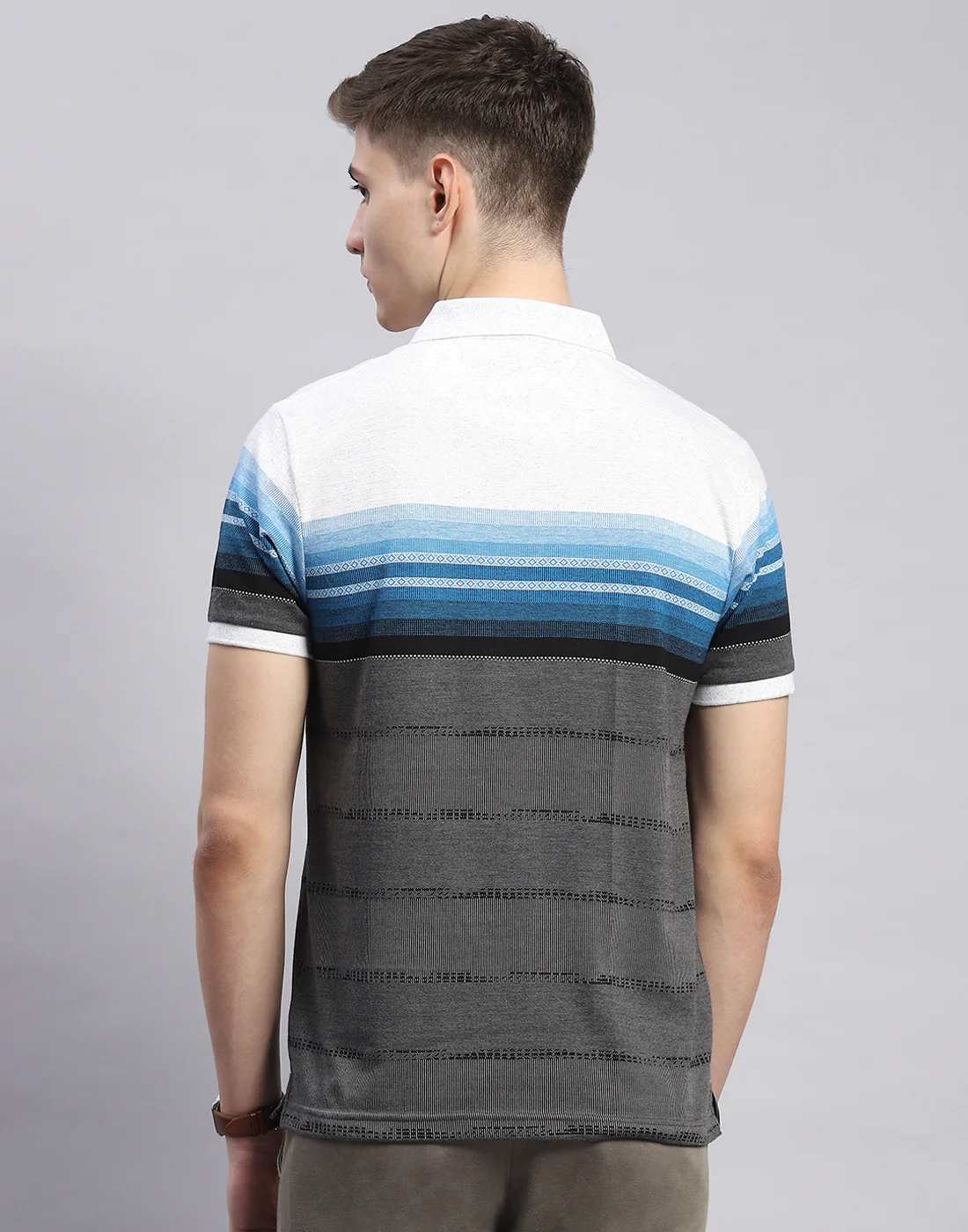 Men Grey Stripe Polo Collar Half Sleeve T-Shirt - Image 5
