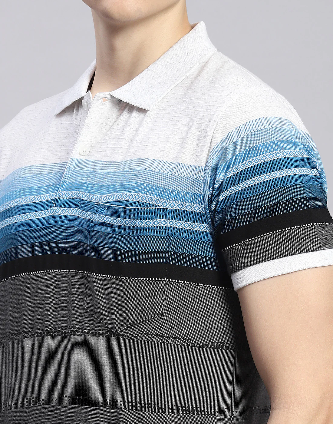 Men Grey Stripe Polo Collar Half Sleeve T-Shirt - Image 6