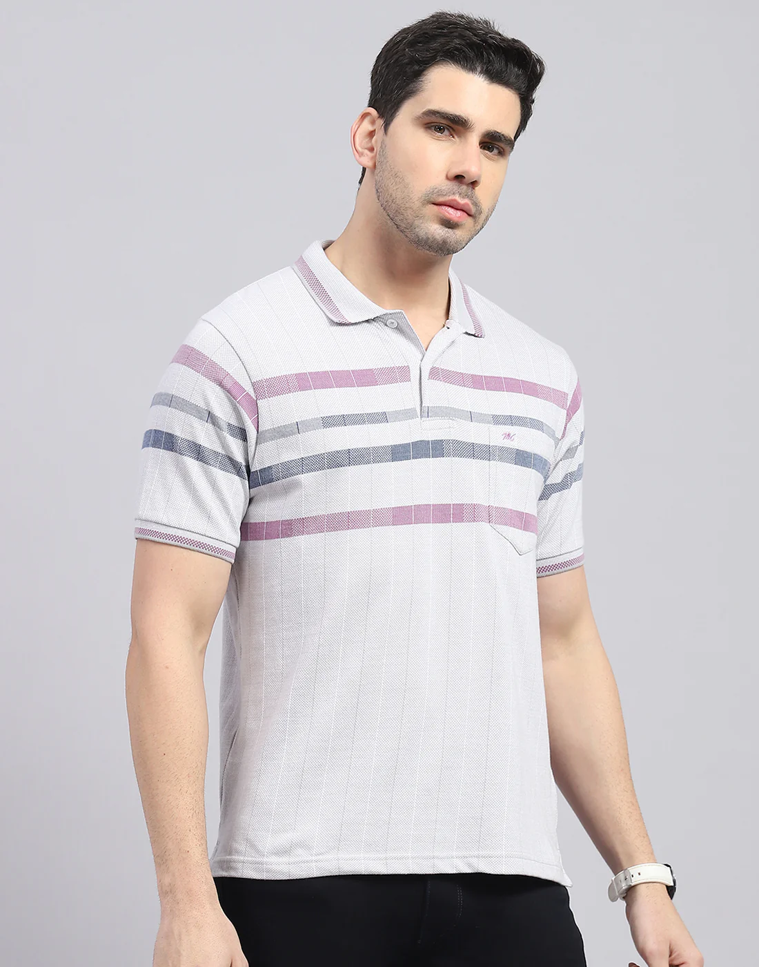Men Grey Stripe Polo Collar Half Sleeve T-Shirt - Image 4