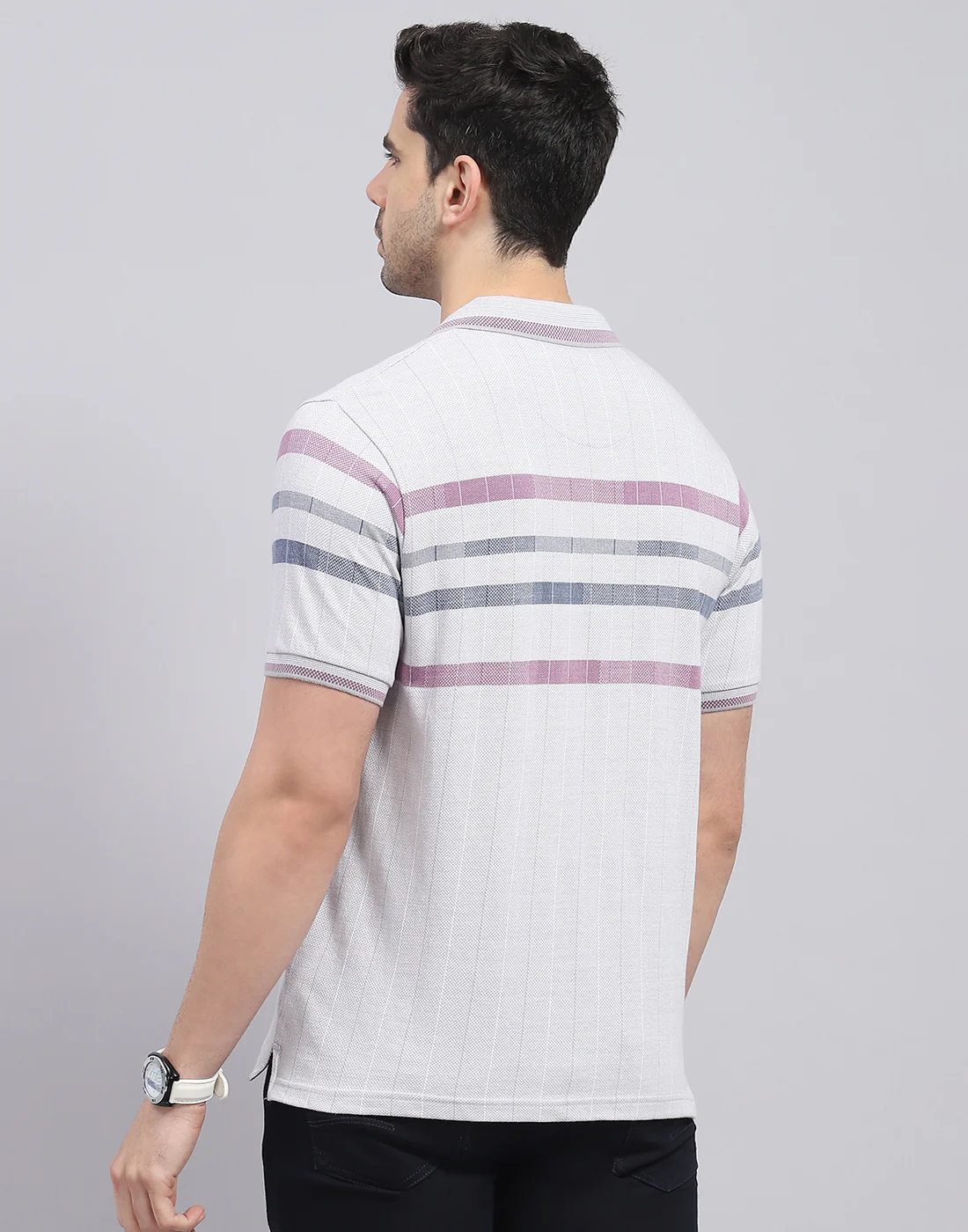 Men Grey Stripe Polo Collar Half Sleeve T-Shirt - Image 5
