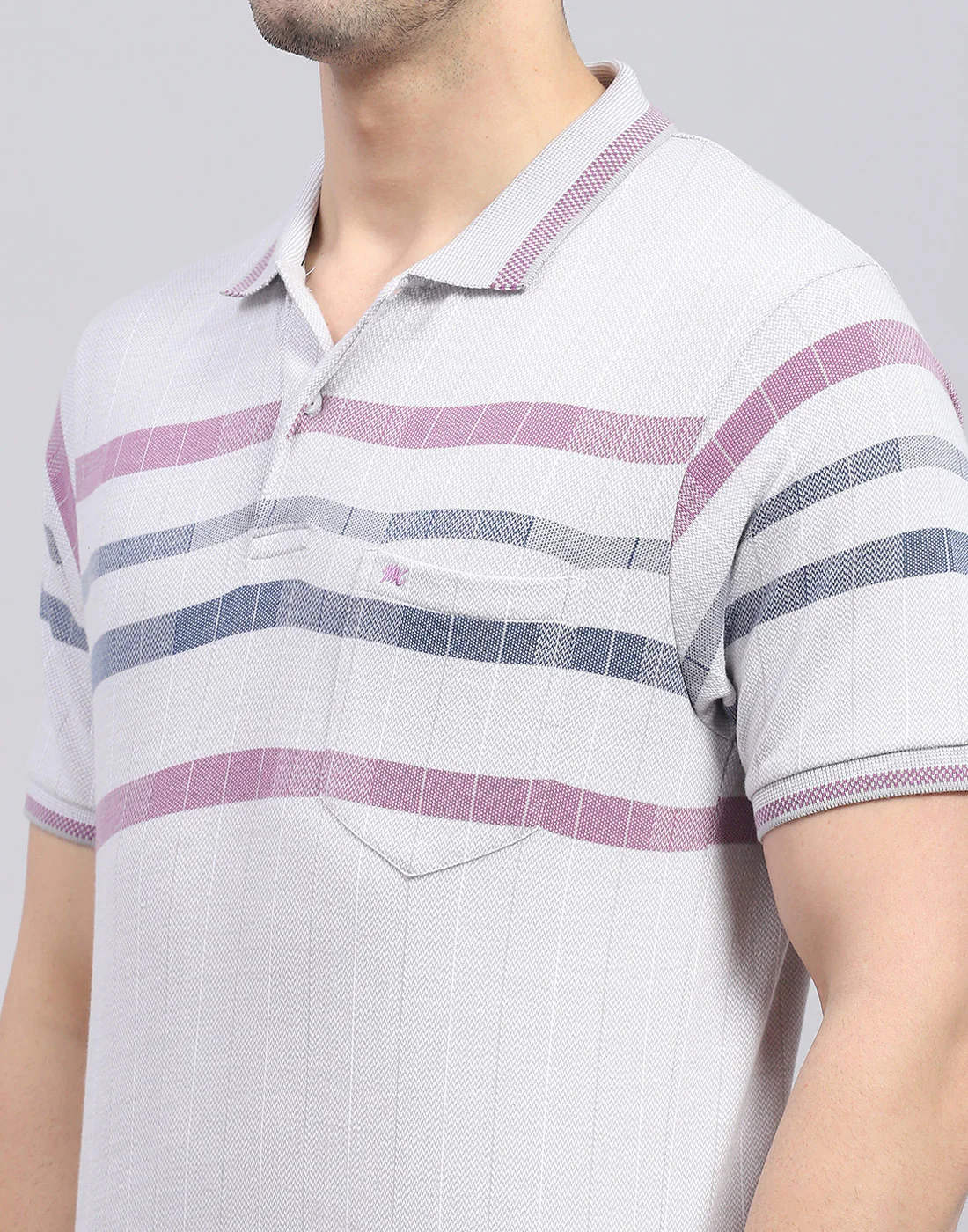 Men Grey Stripe Polo Collar Half Sleeve T-Shirt - Image 6