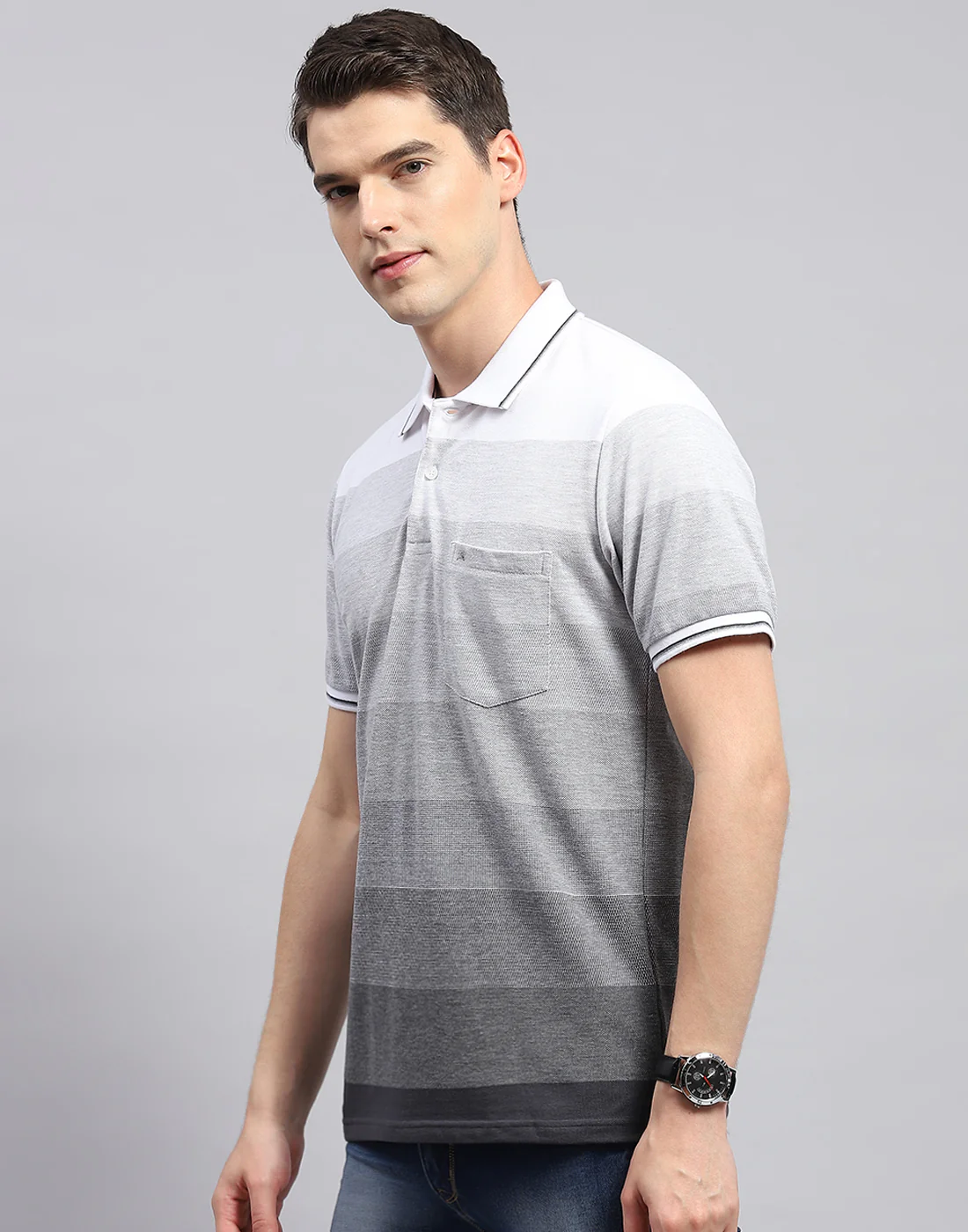 Men Grey Stripe Polo Collar Half Sleeve T-Shirt - Image 3