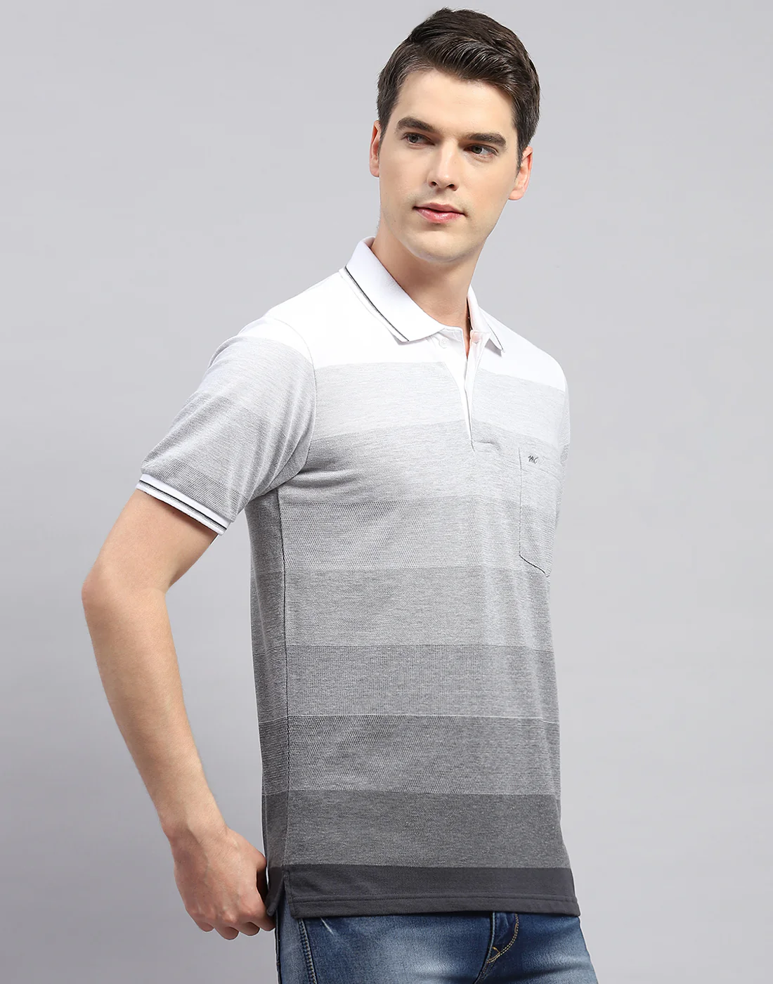Men Grey Stripe Polo Collar Half Sleeve T-Shirt - Image 4