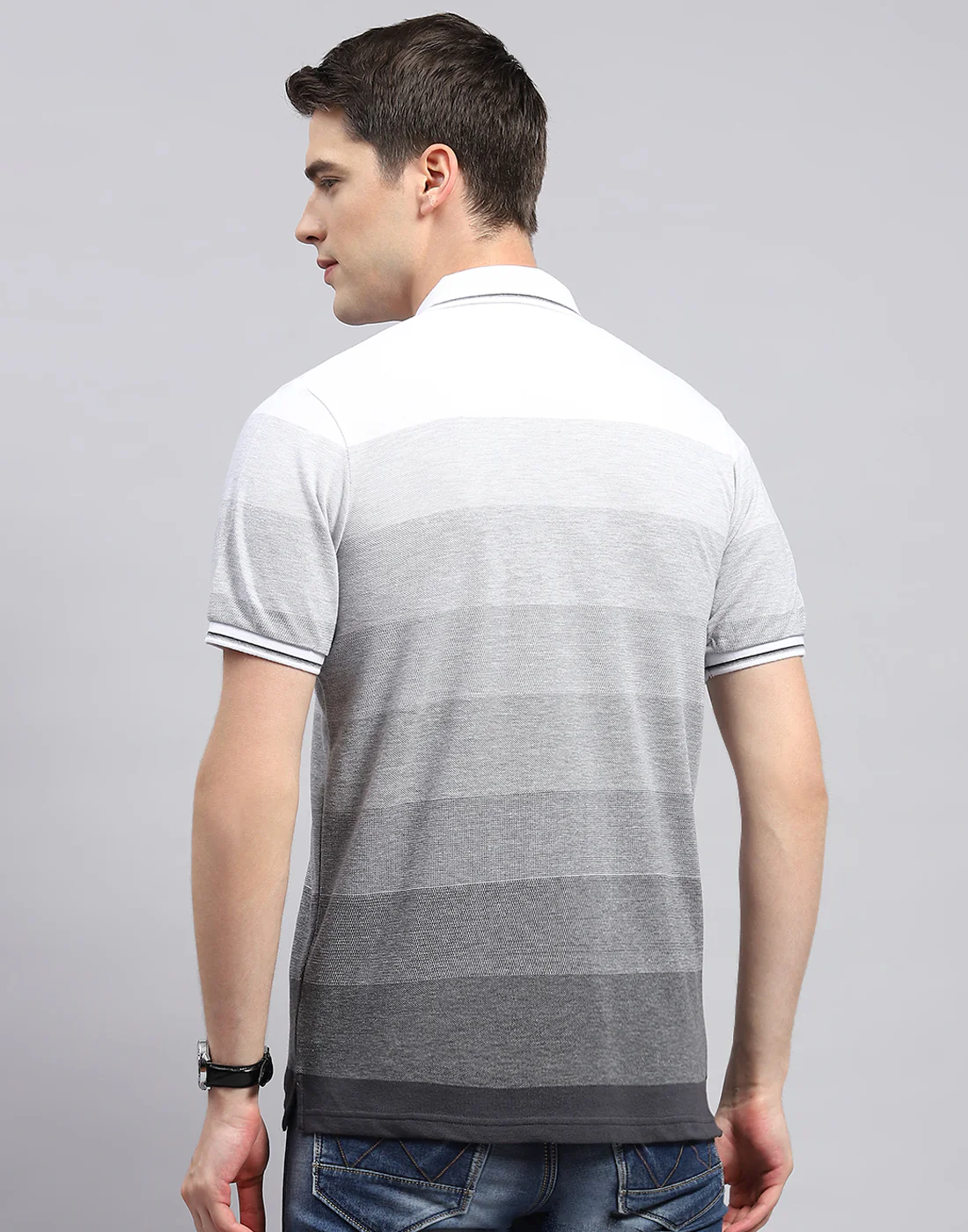 Men Grey Stripe Polo Collar Half Sleeve T-Shirt - Image 5
