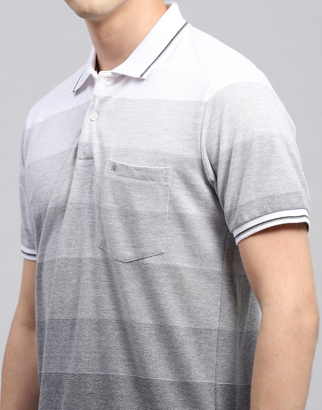 Men Grey Stripe Polo Collar Half Sleeve T-Shirt - Image 6