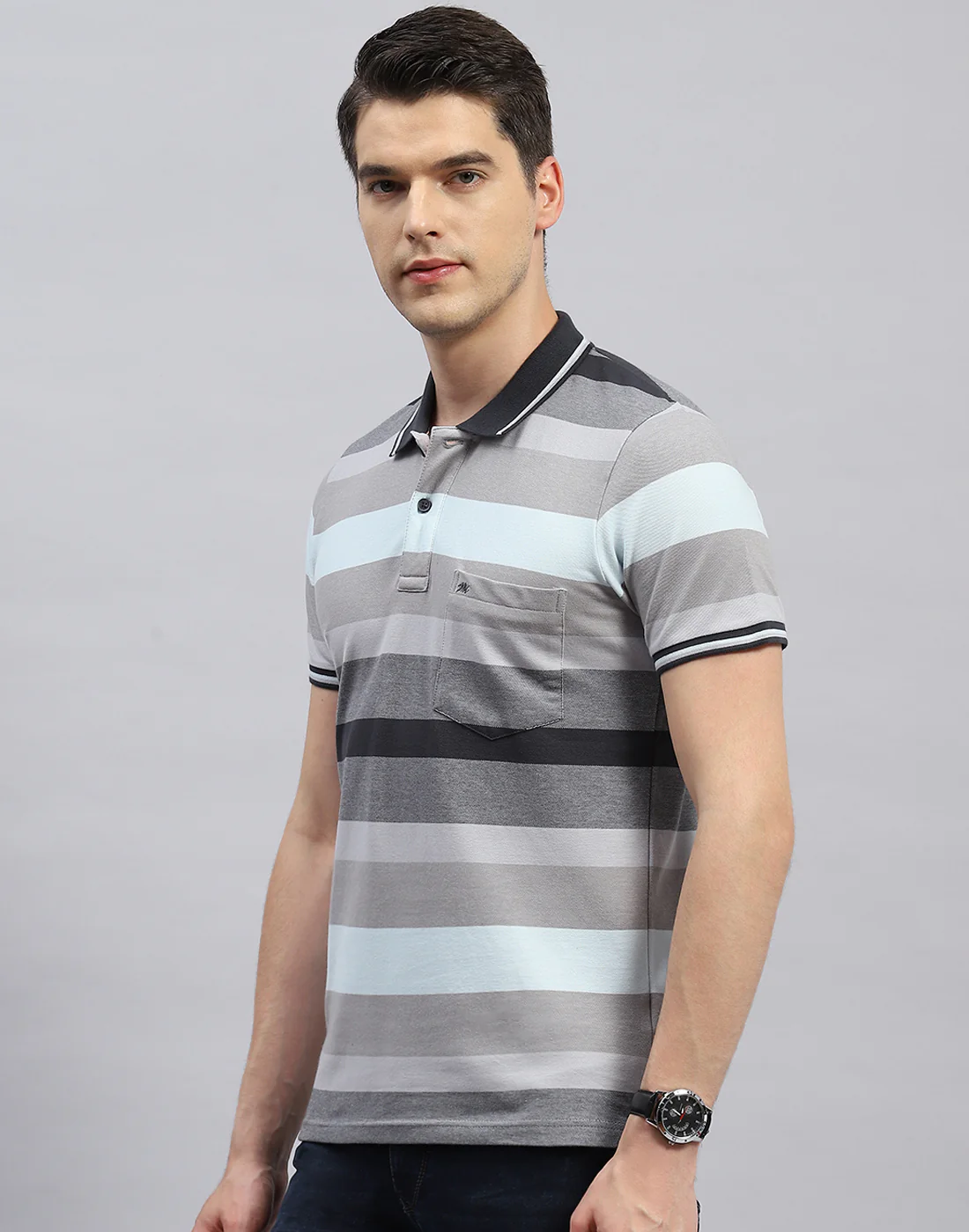 Men Grey Stripe Polo Collar Half Sleeve T-Shirt - Image 3